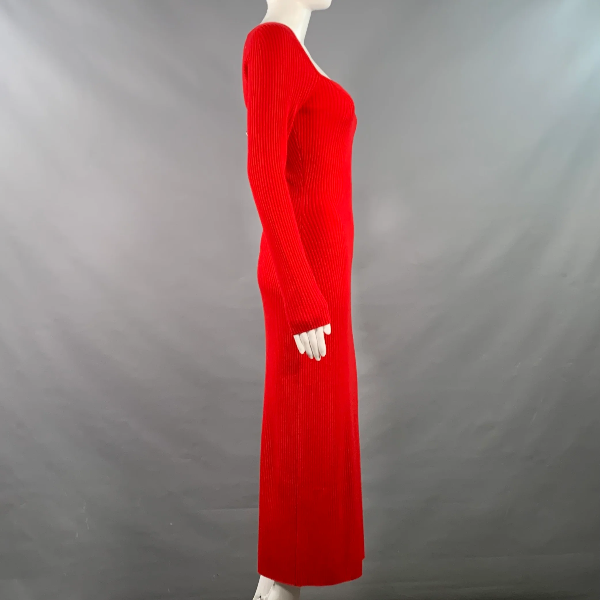 FROM FUTURE Size S Red Merino Wool Rib Knit Sweetheart Long Sleeve Midi Dress - Image 2