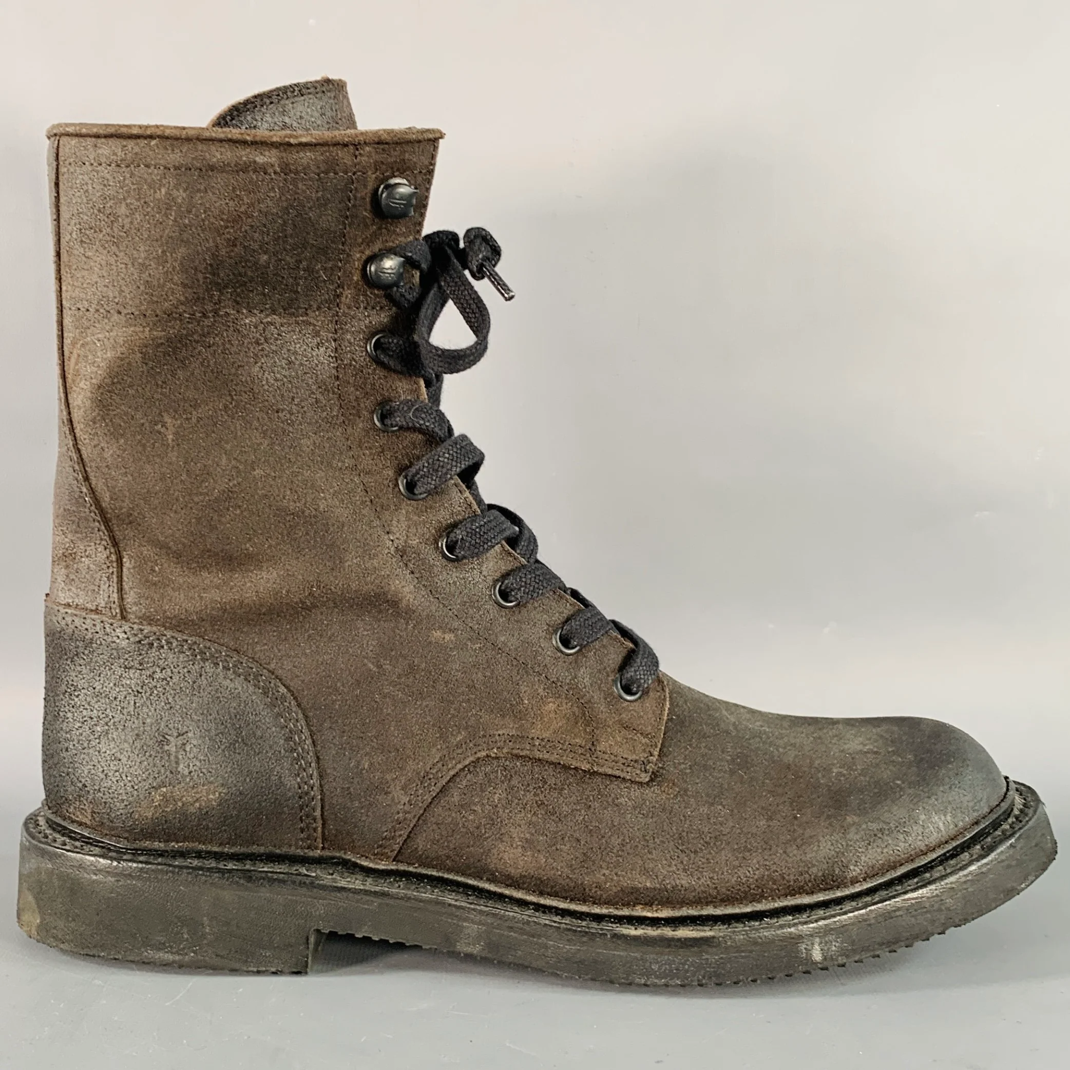 FRYE Size 10 Black Chocolate Brown Textured Roughout Leather Lace-Up Boots - Image 2