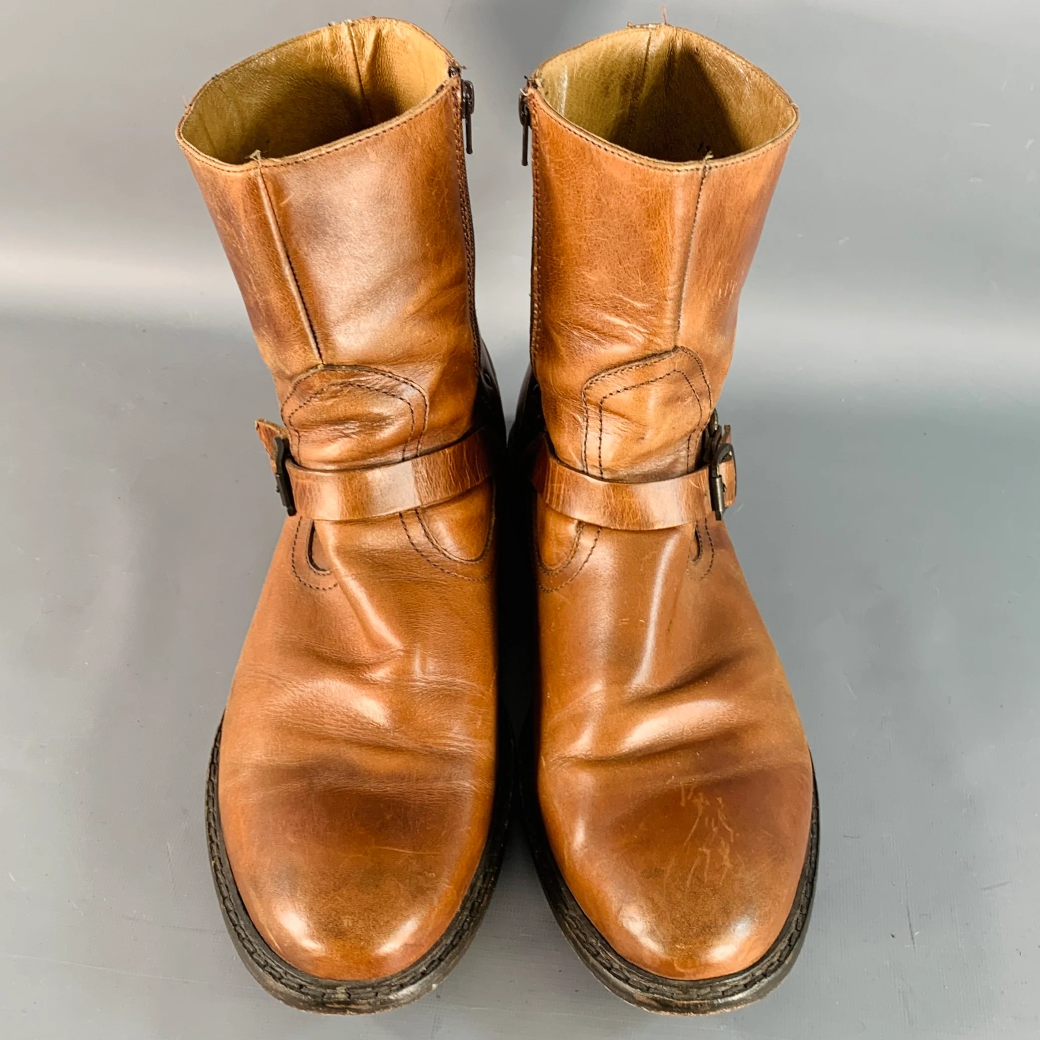 FRYE Size 13 Brown Leather Side Zipper Harness Boots - Image 4
