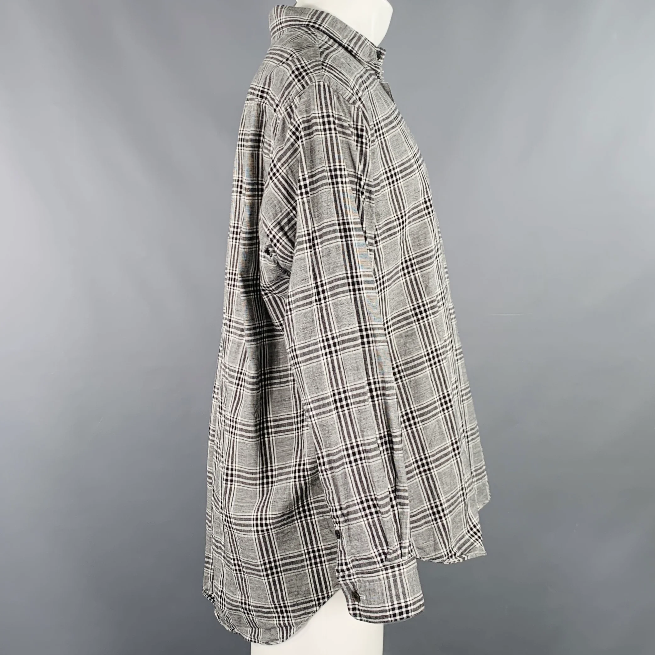 FUJITO Size M Black White Plaid Cotton Linen One Pocket Long Sleeve Shirt - Image 2