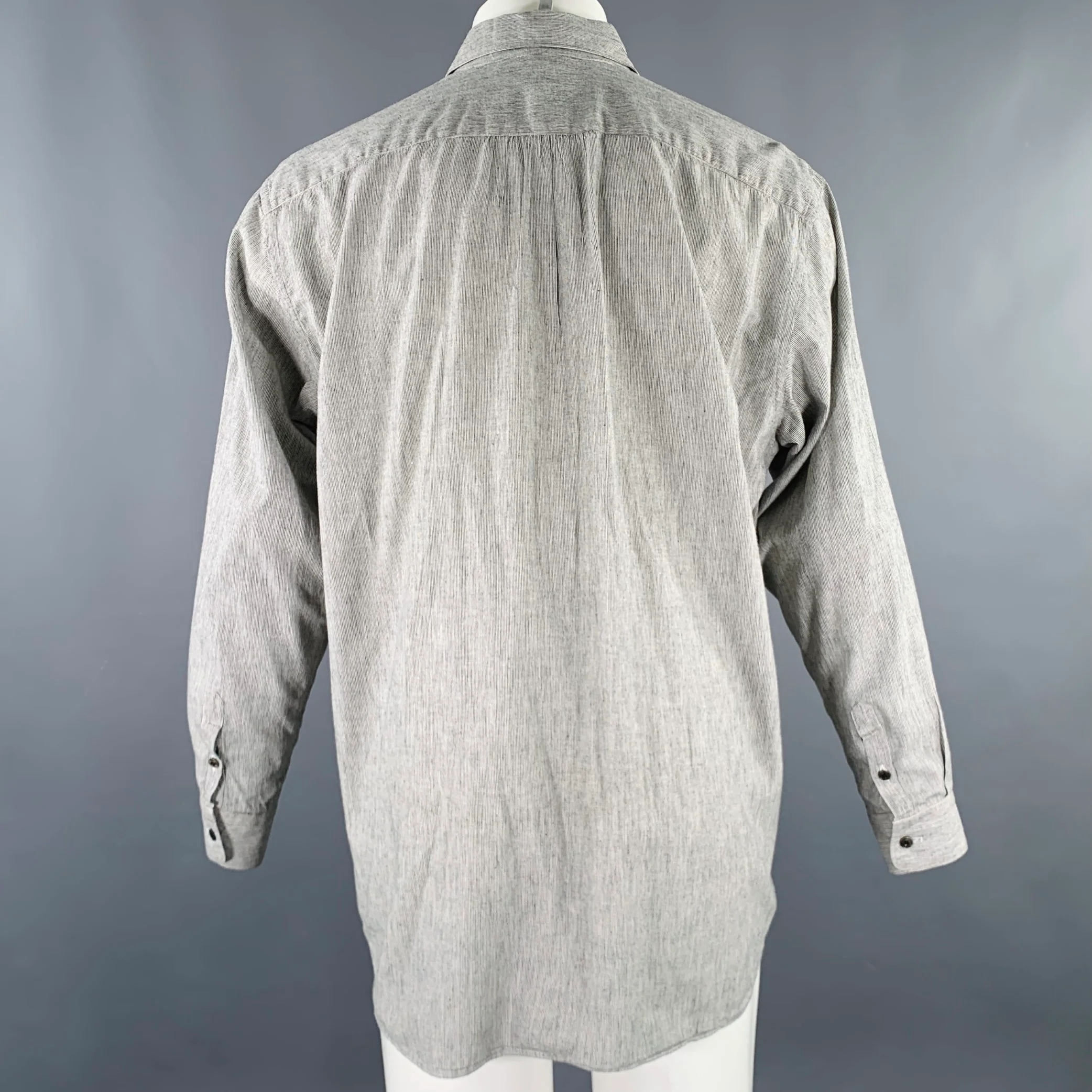 FUJITO Size M Grey White Stripe Cotton Linen One Pocket Long Sleeve Shirt - Image 3