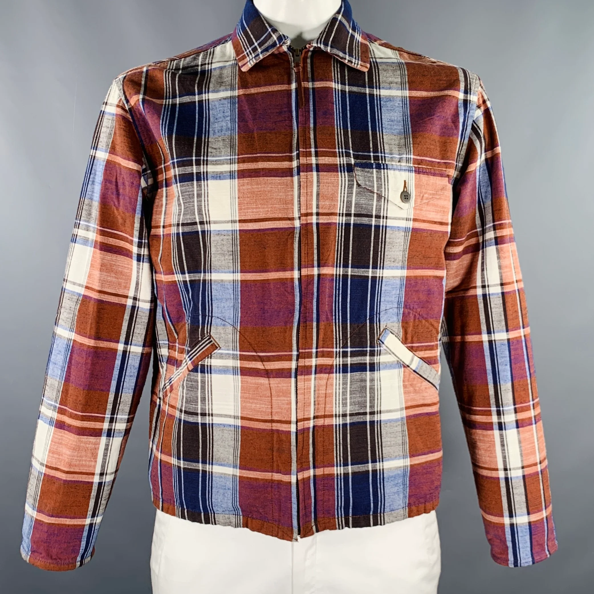 FUJITO Size XL Brown Navy Plaid Cotton Linen Zip Up Jacket