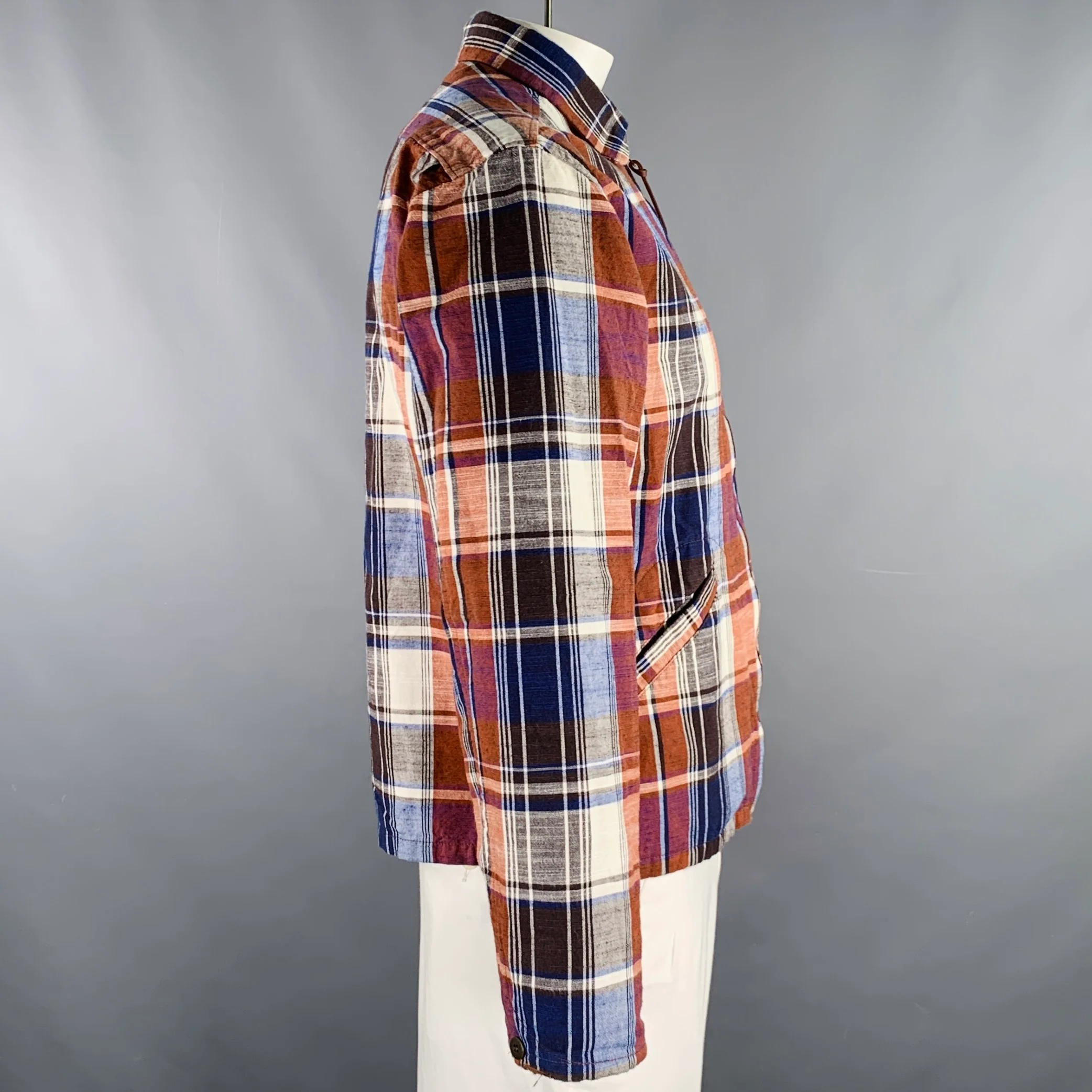 FUJITO Size XL Brown Navy Plaid Cotton Linen Zip Up Jacket - Image 2
