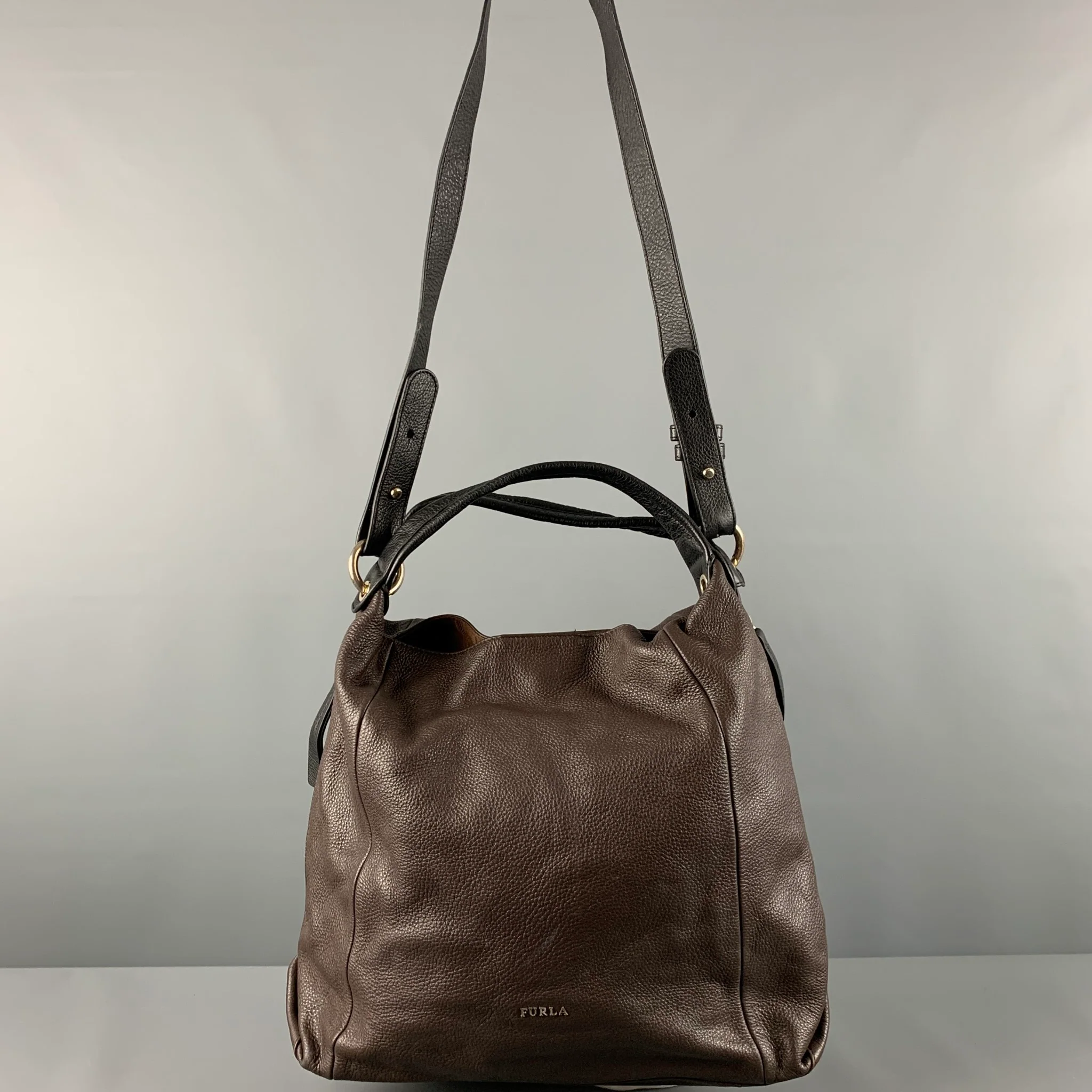 FURLA Brown Black Pebble Grain Leather Hobo Handbag