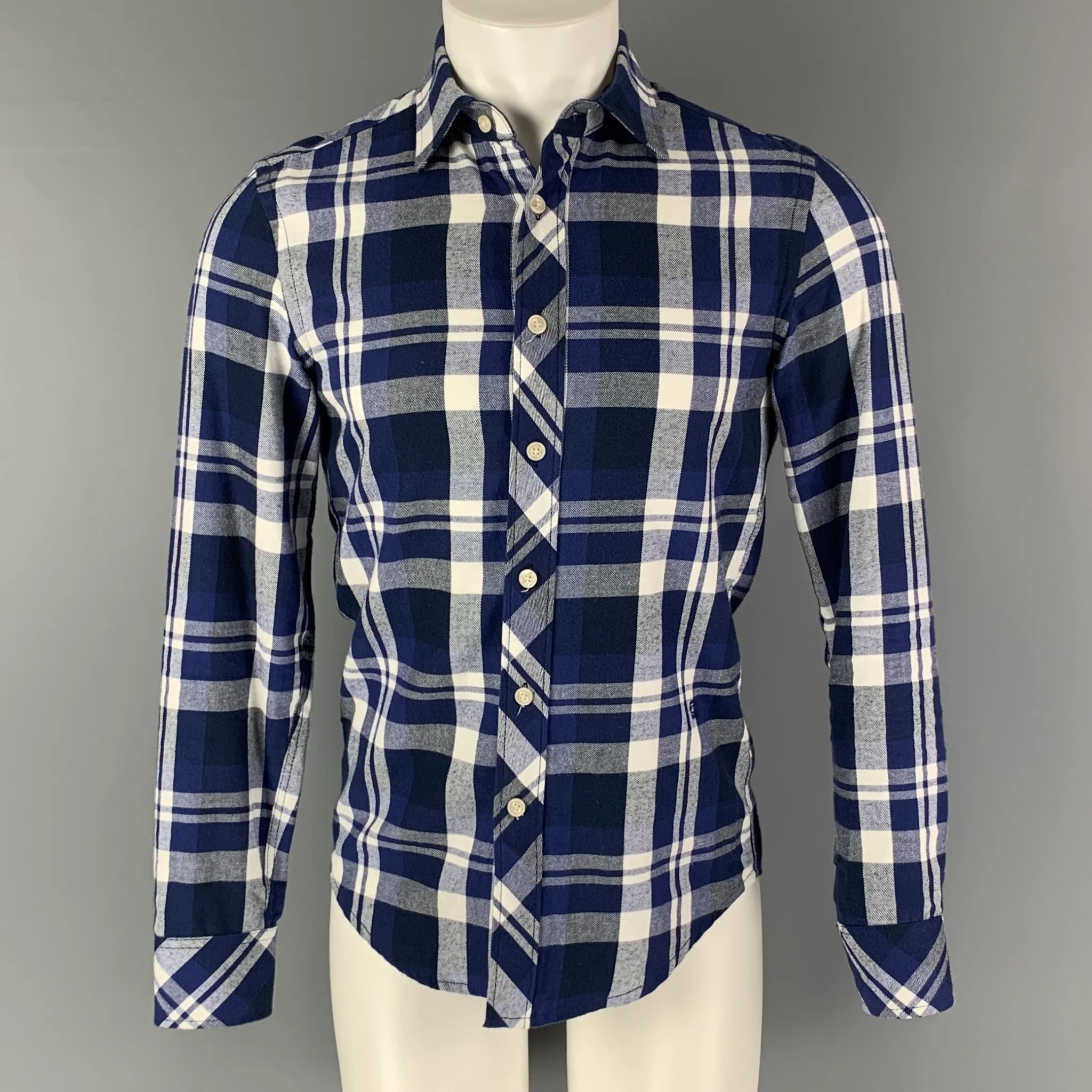 G-STAR Size XS Navy White Plaid Cotton Flanel Long Sleeve Shirt