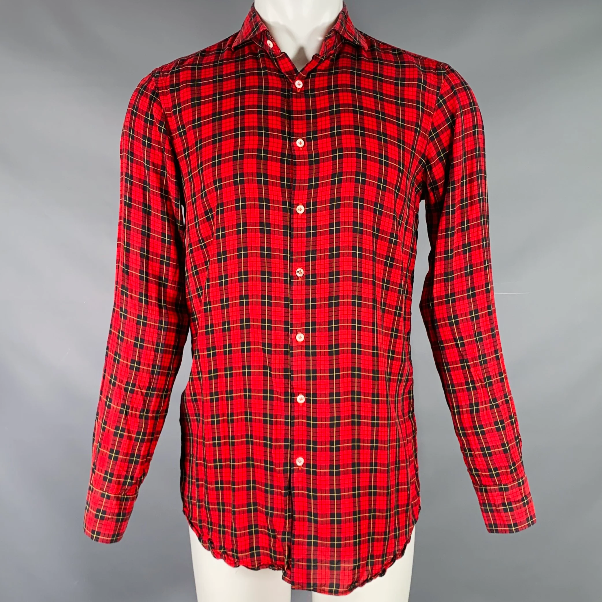 GABRIELE PASINI Size M Red Black Plaid Lyocell Button Up Long Sleeve Shirt