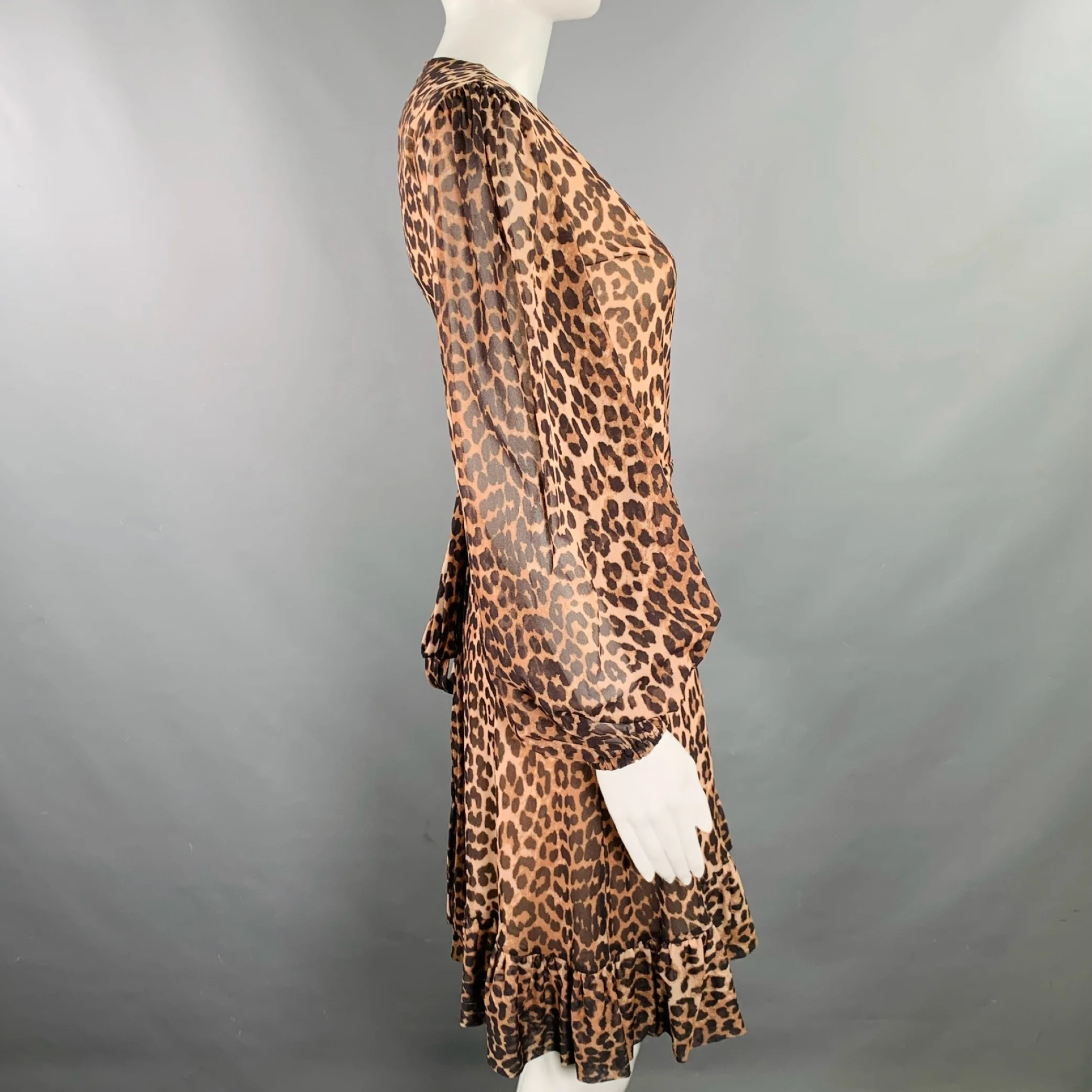 GANNI Size 2 Brown Beige Polyamide Animal Print Wrap Dress - Image 3