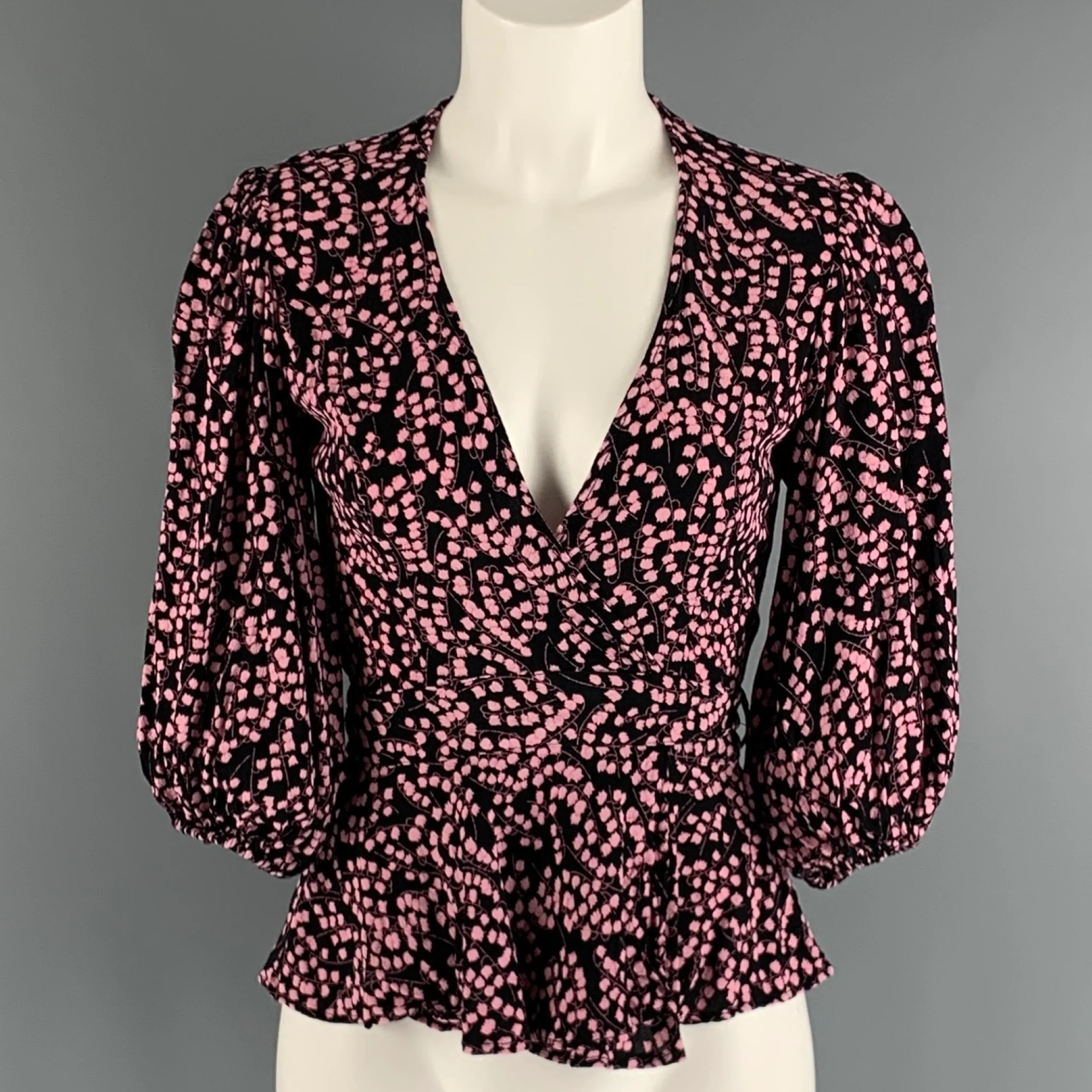 GANNI Size S Black Pink Viscose Floral Wrap Casual Top