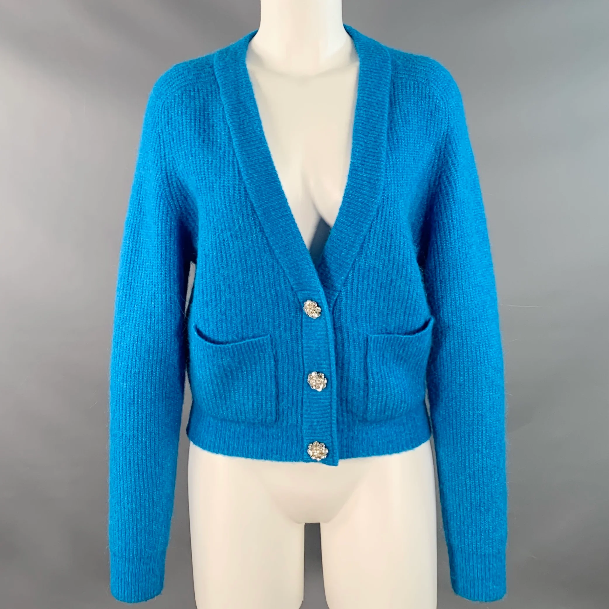 GANNI Size S Blue Alpaca Blend Rhinestones Cropped Cardigan