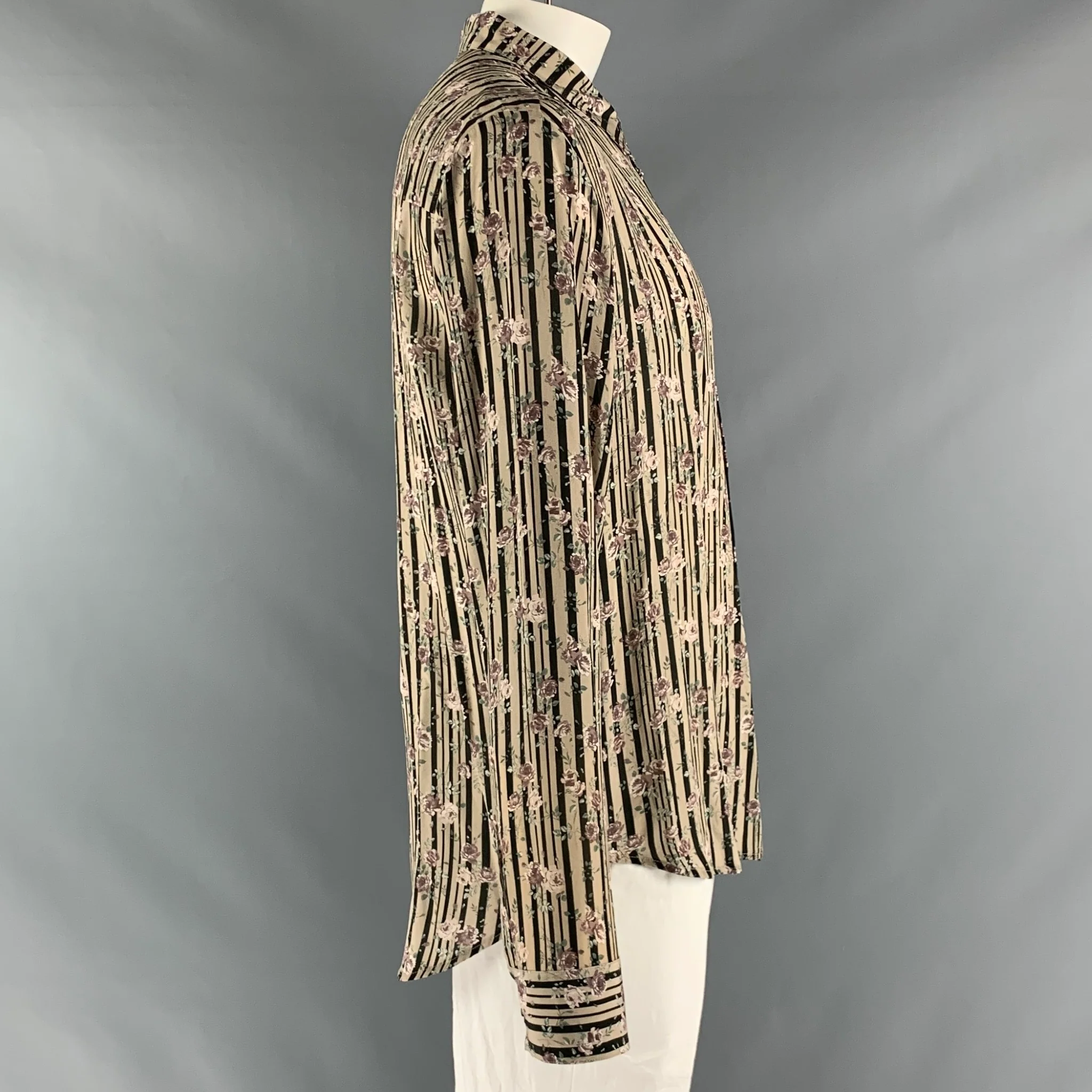 GARCONS INFIDELES Size XXL Beige Black Floral Silk Button Up Long Sleeve Shirt - Image 3