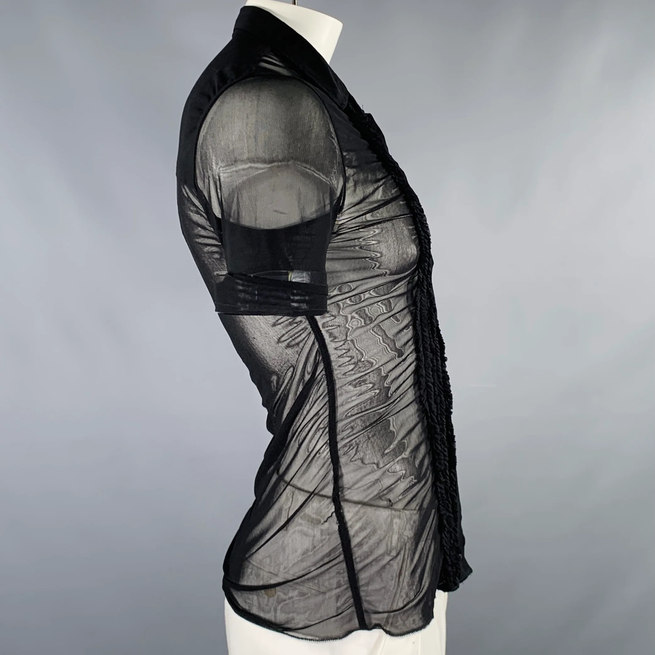 GAULTIER JEANS Size L Black Ruffled Nylon Blend Shirt - Image 3