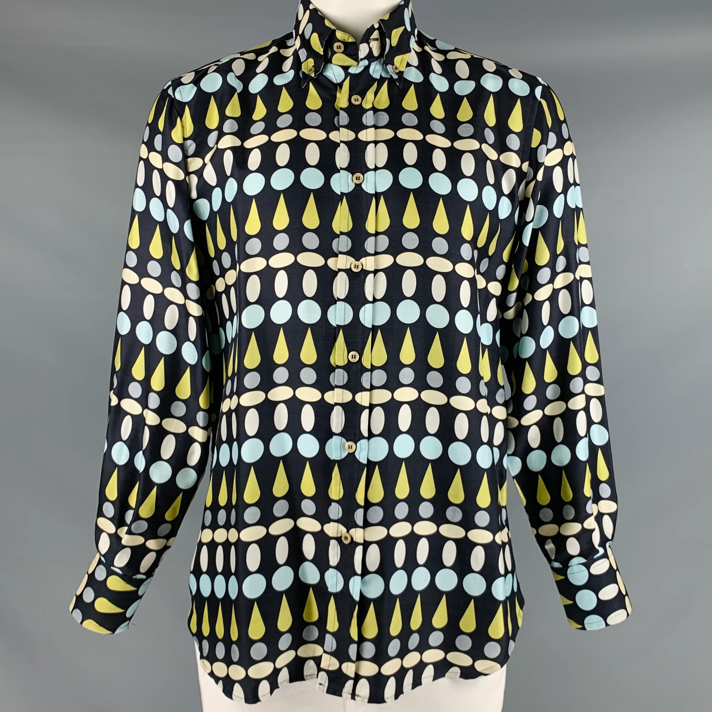 GENE MEYER Size L Black White Green Geometric Silk Button Down Long Sleeve Shirt