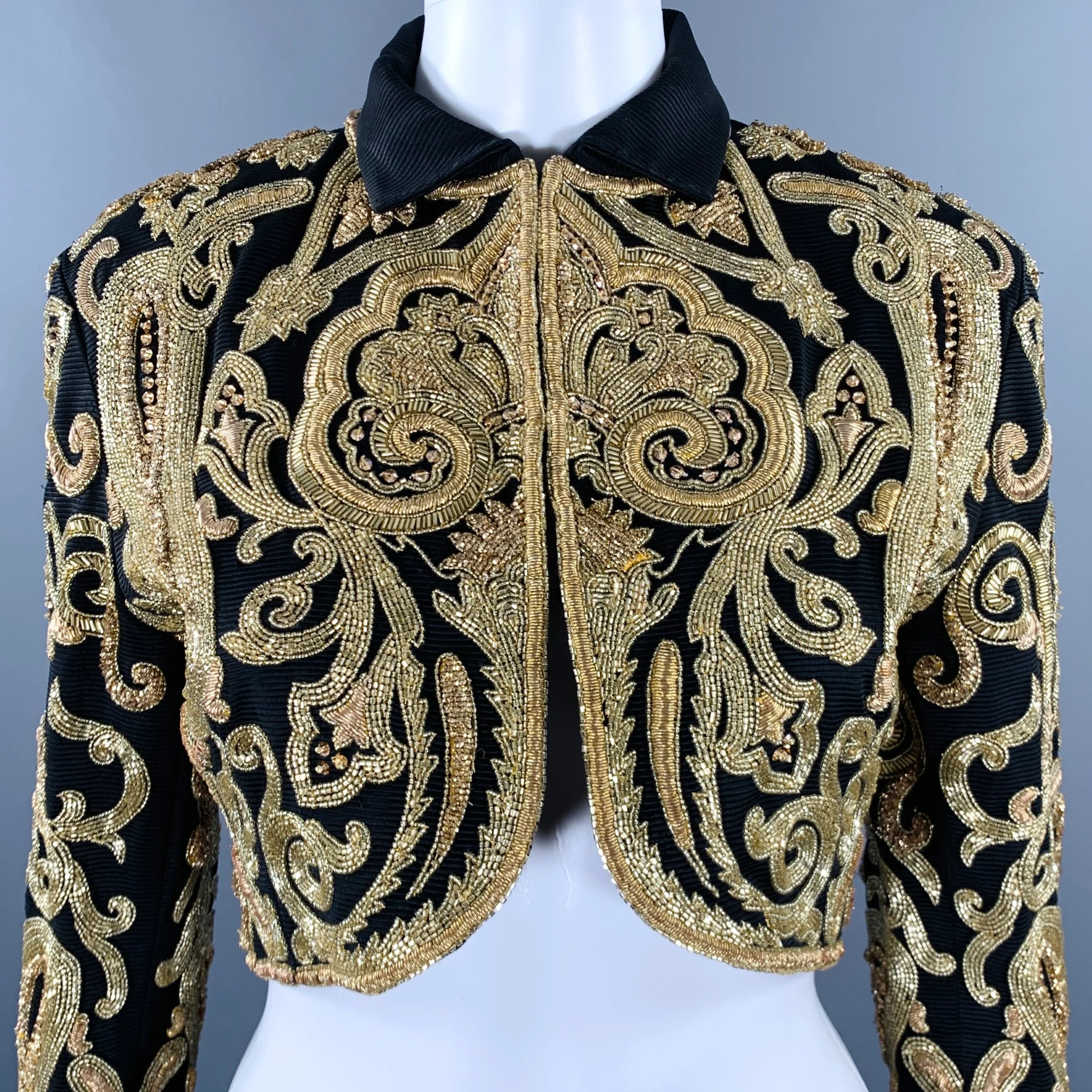 GENNY Size 8 Black Gold Taffeta Embroidered Bolero Jacket - Image 2