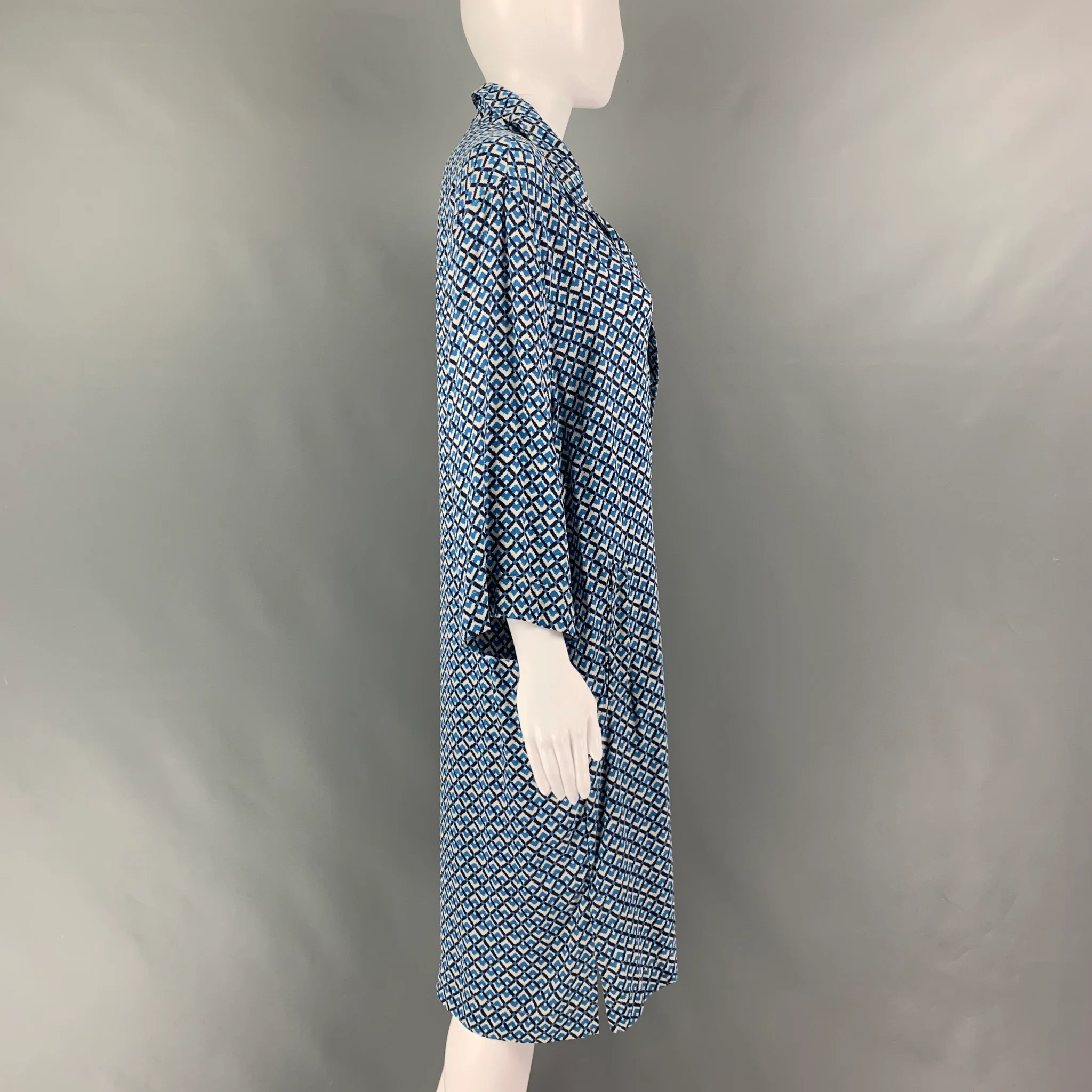 GERARD DAREL Size XL Blue & White Silk Abstract Shirt dress Dress - Image 3