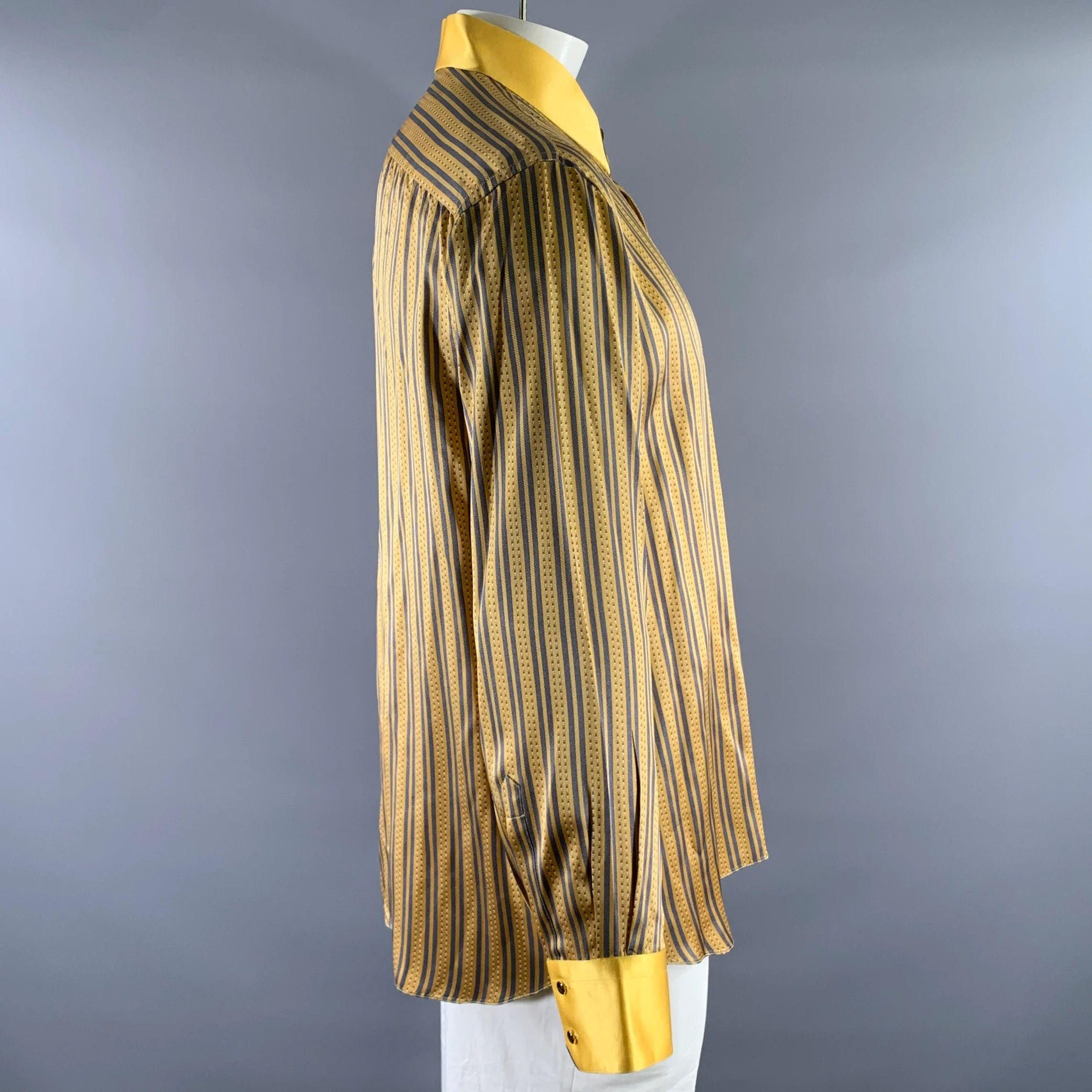 GERLIN Size XL Gold Grey Stripe Silk Pointed Collar Long Sleeve Shirt - Image 4