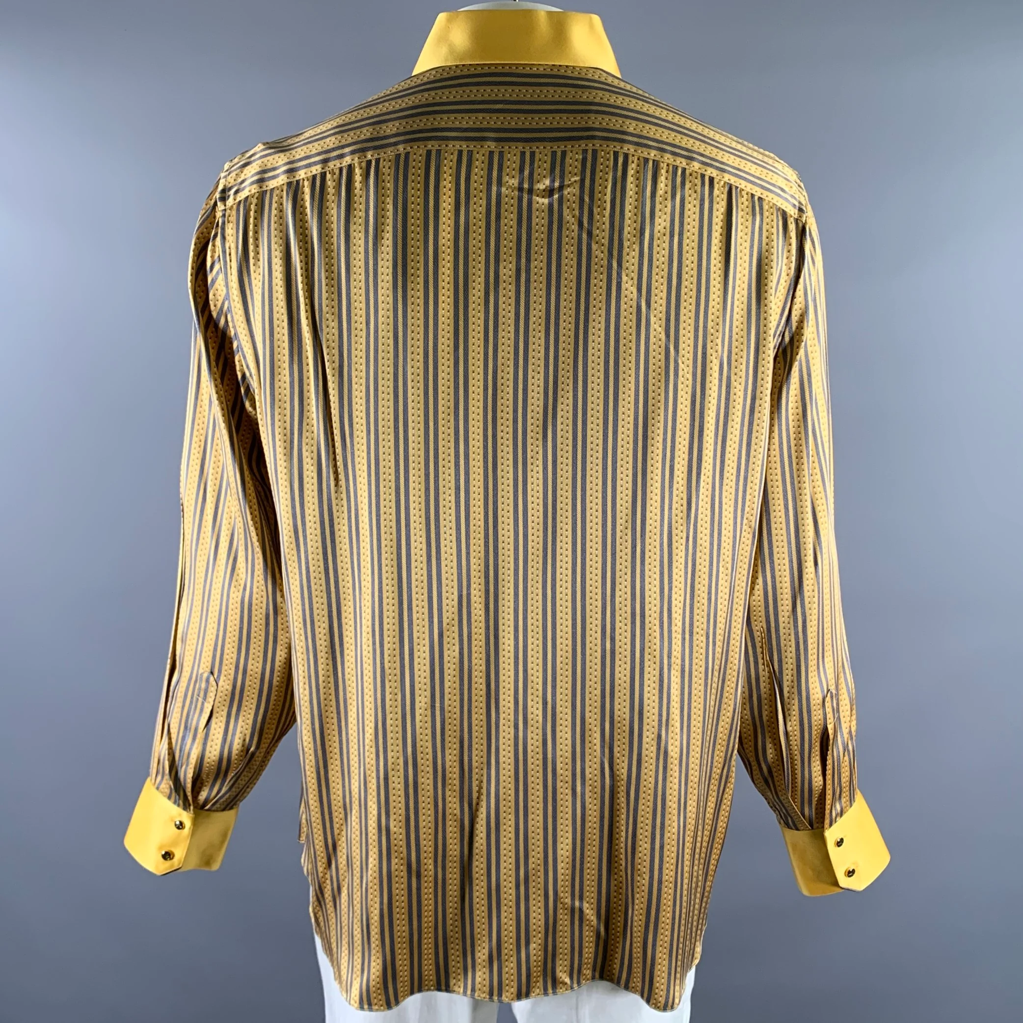 GERLIN Size XL Gold Grey Stripe Silk Pointed Collar Long Sleeve Shirt - Image 5