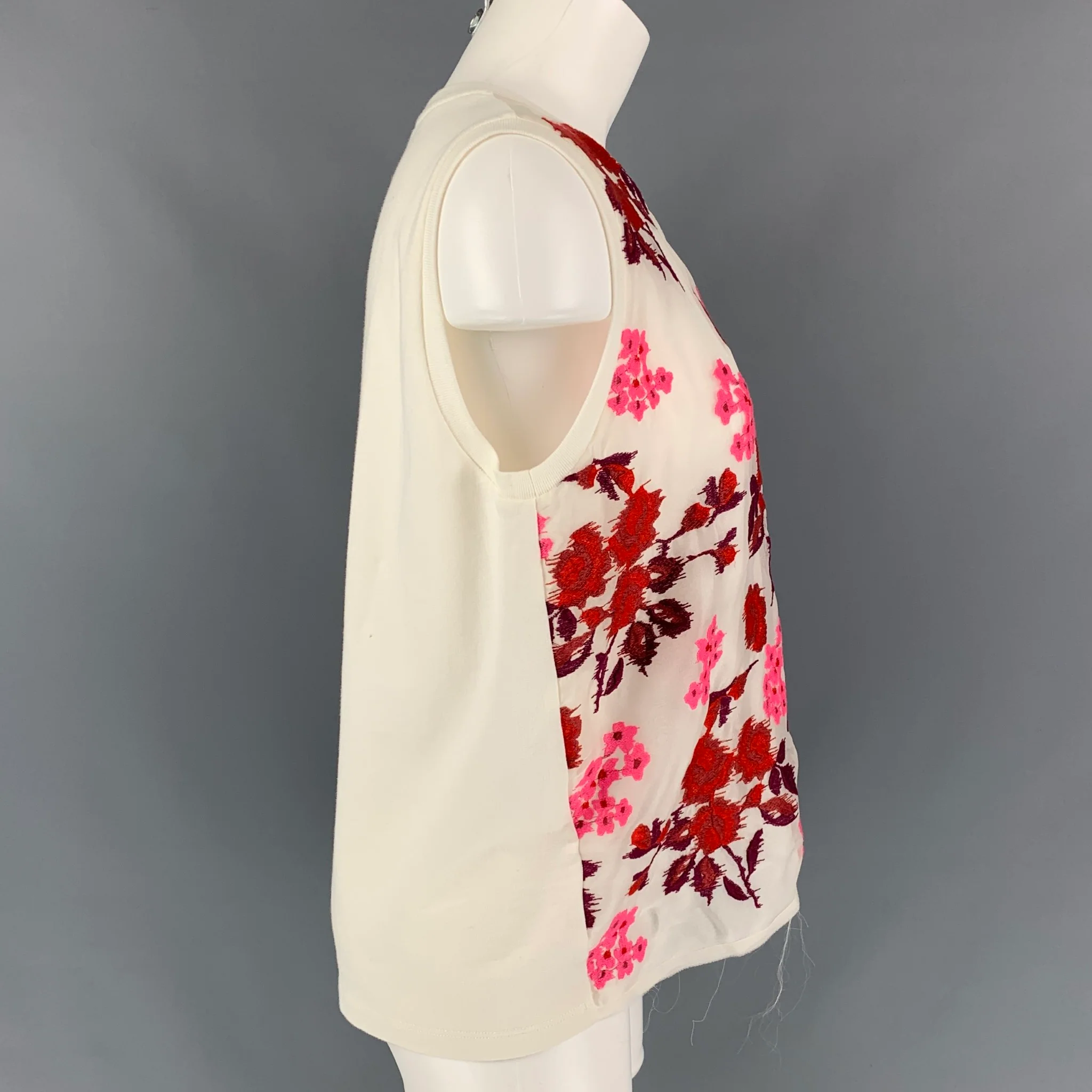 GIAMBATTISTA VALLI Size S White Burgundy Pink Cotton Silk Floral Dress Top - Image 3