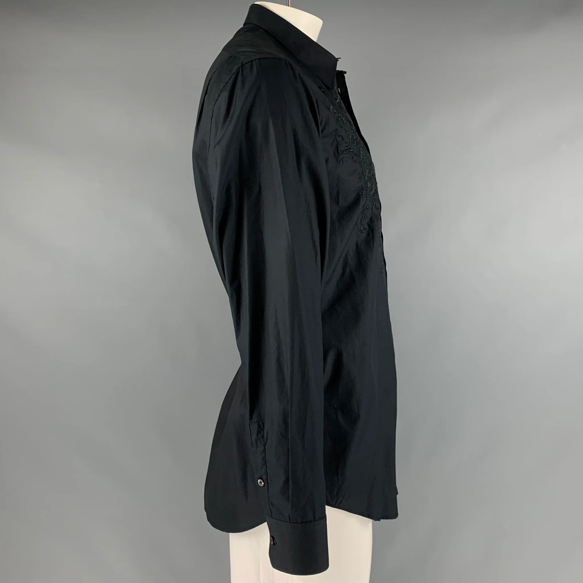 GIANFRANCO FERRE Size L Black Embroidery Cotton Button Up Long Sleeve Shirt - Image 3
