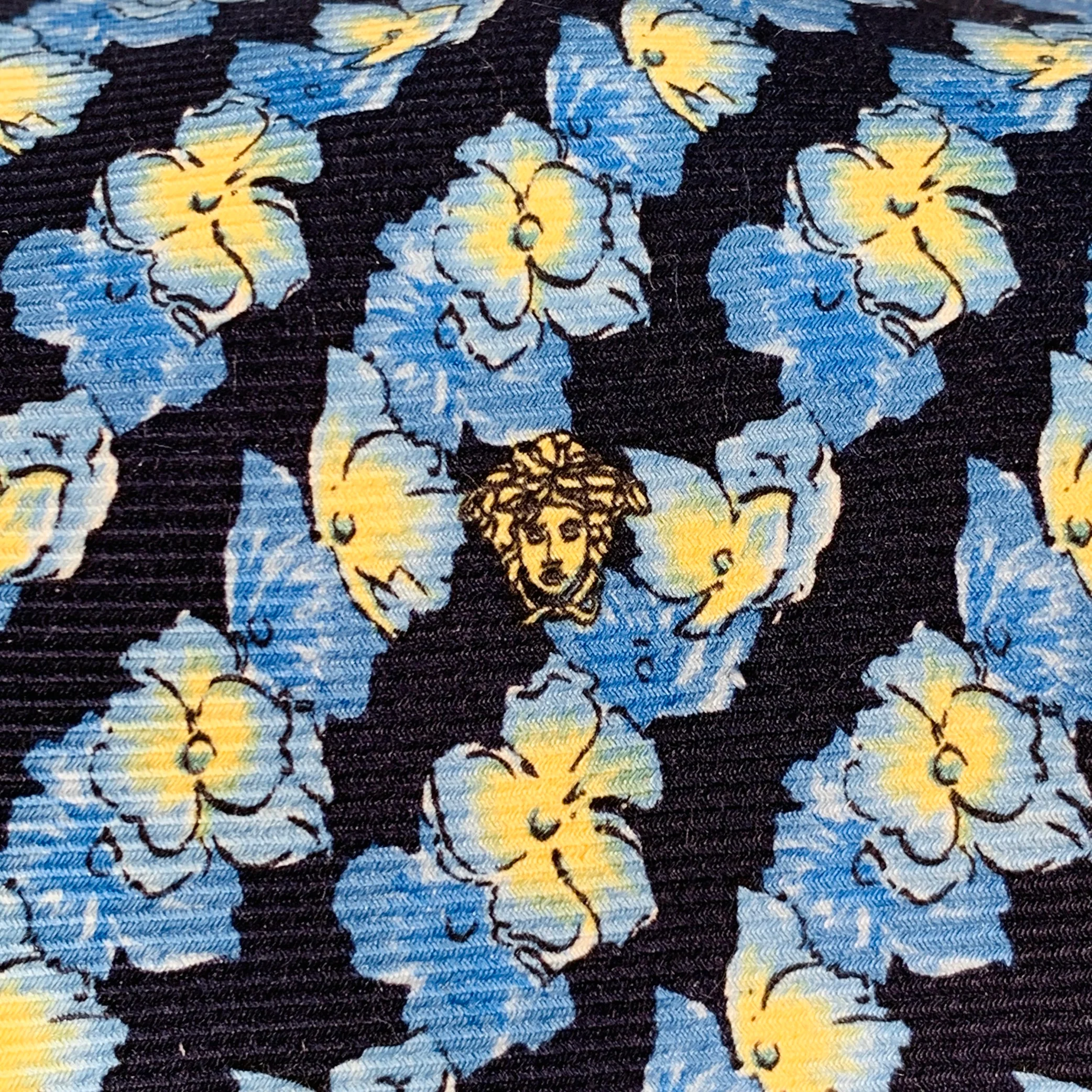 GIANNI VERSACE One Size Navy Yellow Floral Silk Tie - Image 2