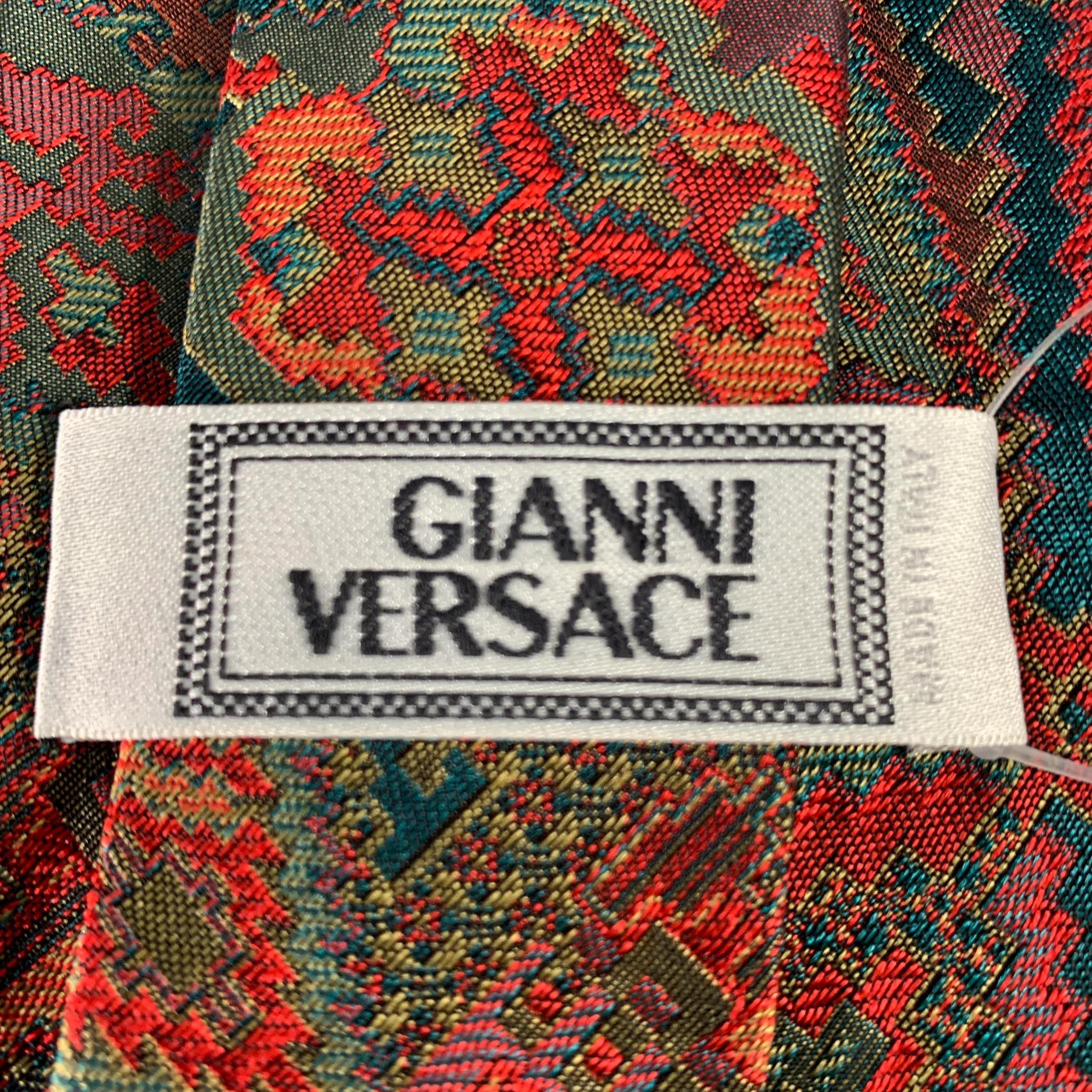 GIANNI VERSACE Red Green Woven Silk Tie - Image 4