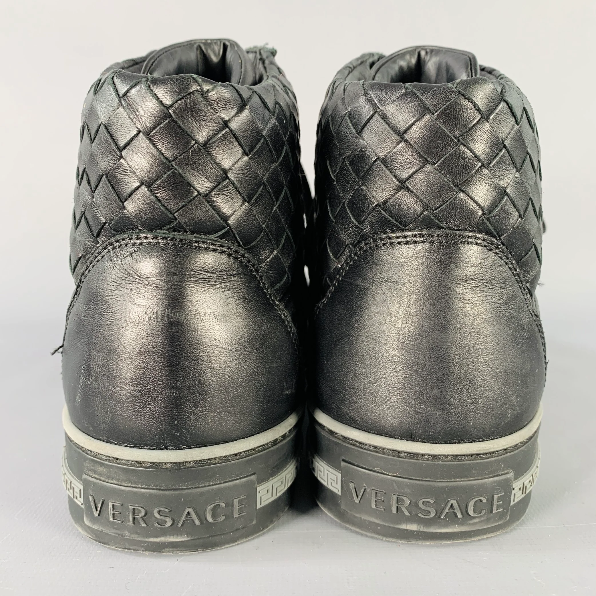 GIANNI VERSACE Size 11 Black Greca Leather High Top Sneakers - Image 4
