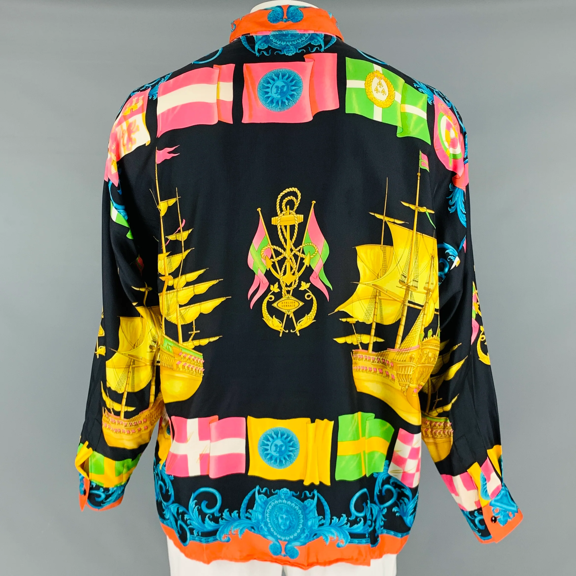 GIANNI VERSACE Size 44 Multi Color Print Silk Hidden Placket Long Sleeve Shirt - Image 3