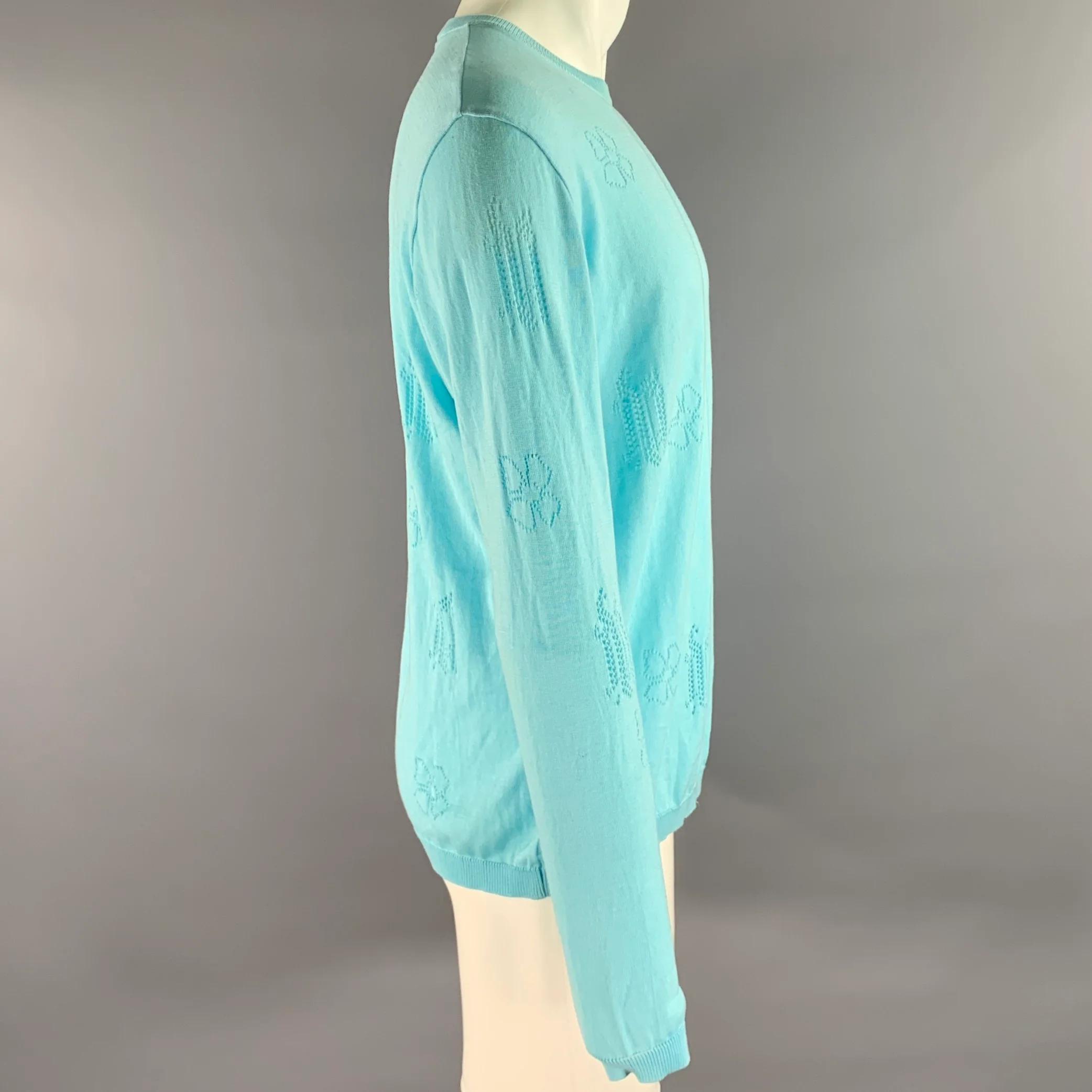 GIANNI VERSACE Size L Light Blue Knitted Cotton Crew-Neck Pullover - Image 3