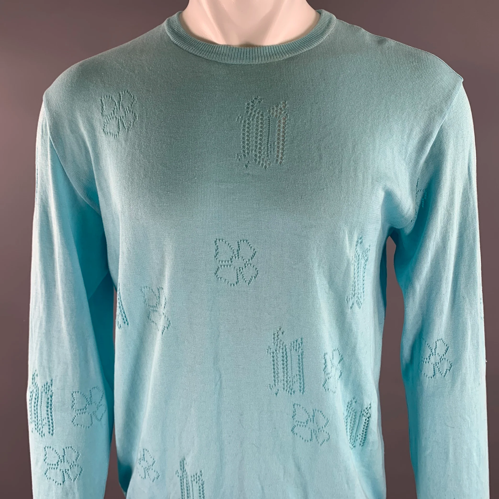 GIANNI VERSACE Size L Light Blue Knitted Cotton Crew-Neck Pullover - Image 5