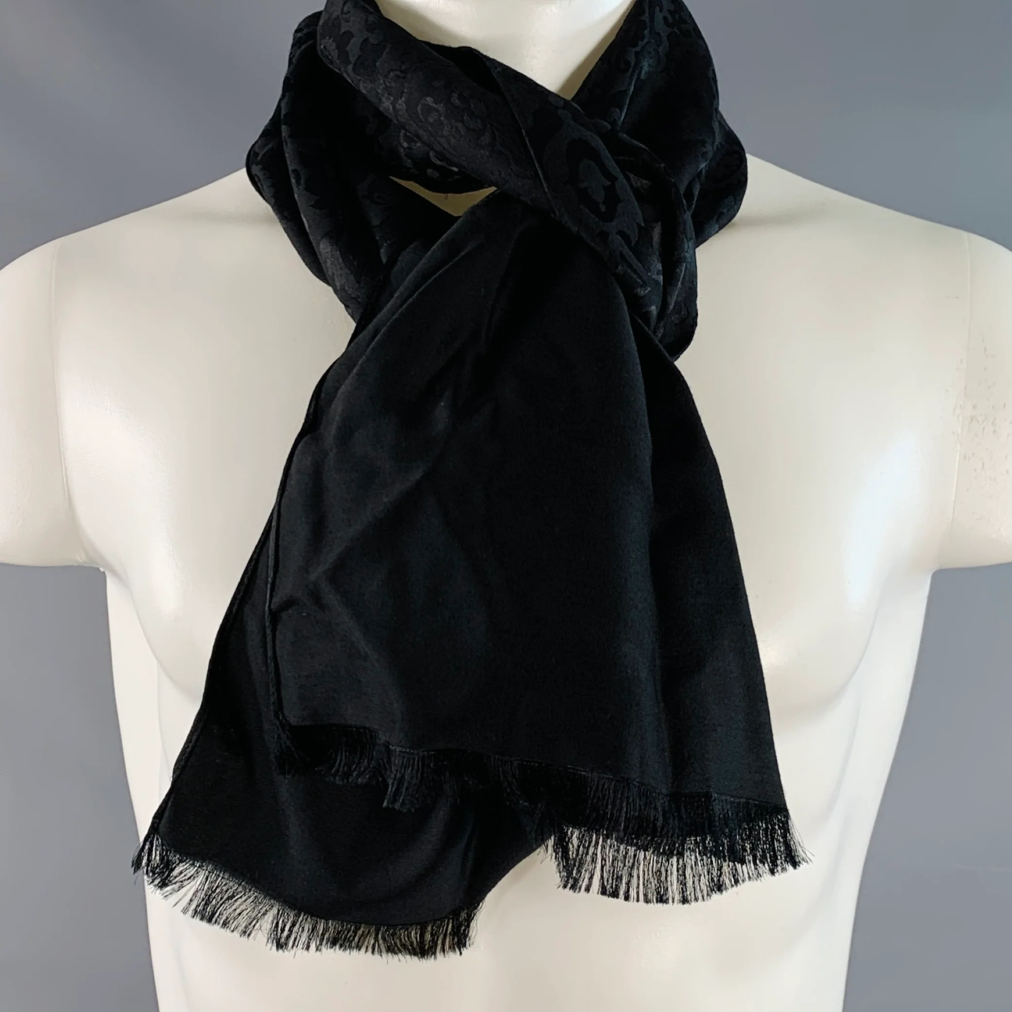 GIORGIO ARMANI Black Tapestry Wool Silk Fringe Scarf - Image 6