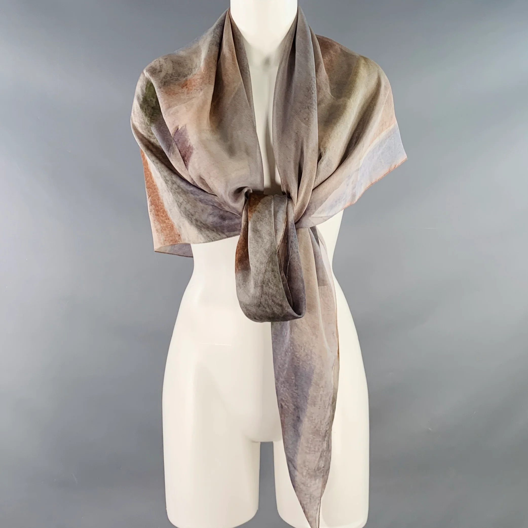 GIORGIO ARMANI Brown Green Ombre Watercolor Silk Scarf Shawl - Image 4