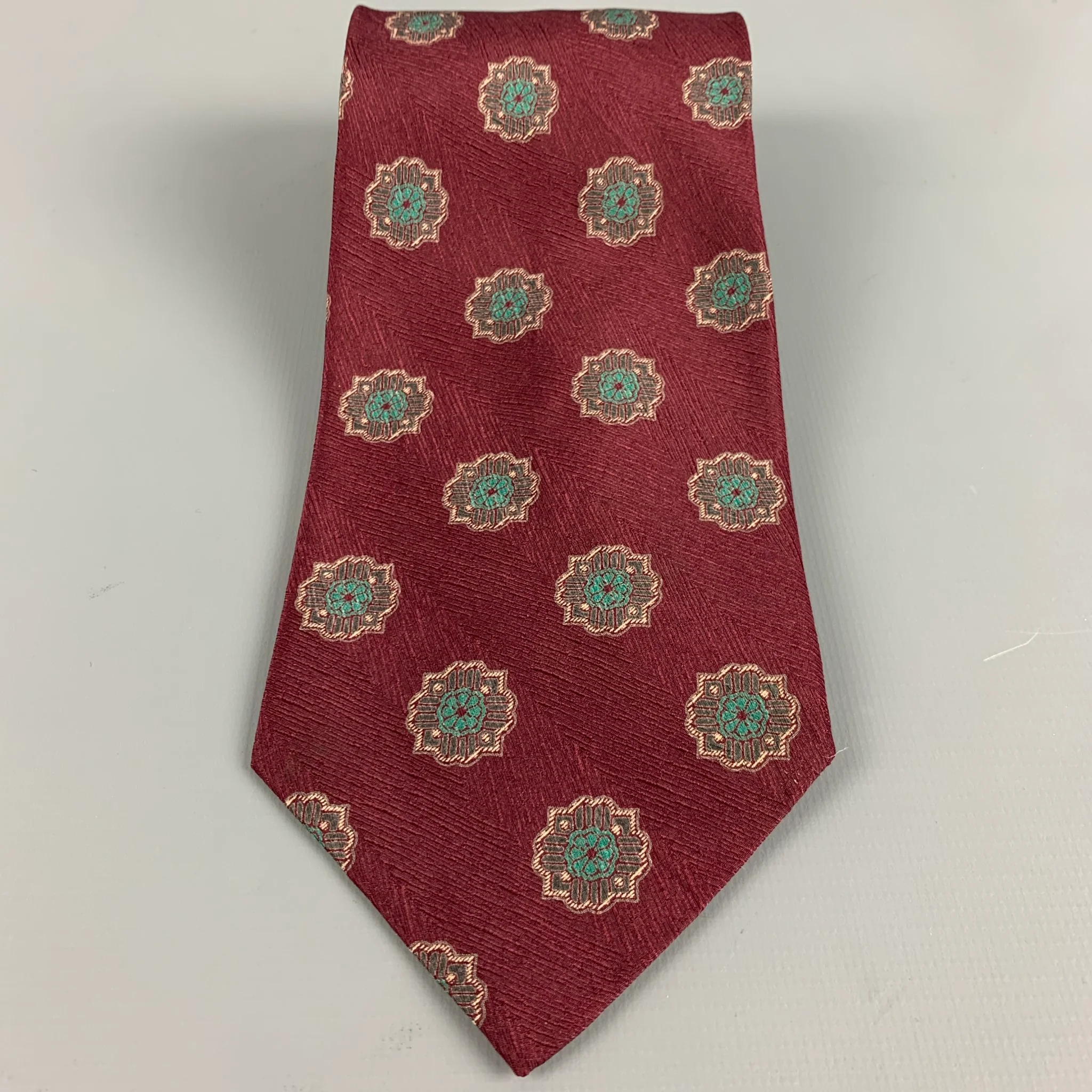 GIORGIO ARMANI Burgundy Green Abstract Floral Silk Tie - Image 2