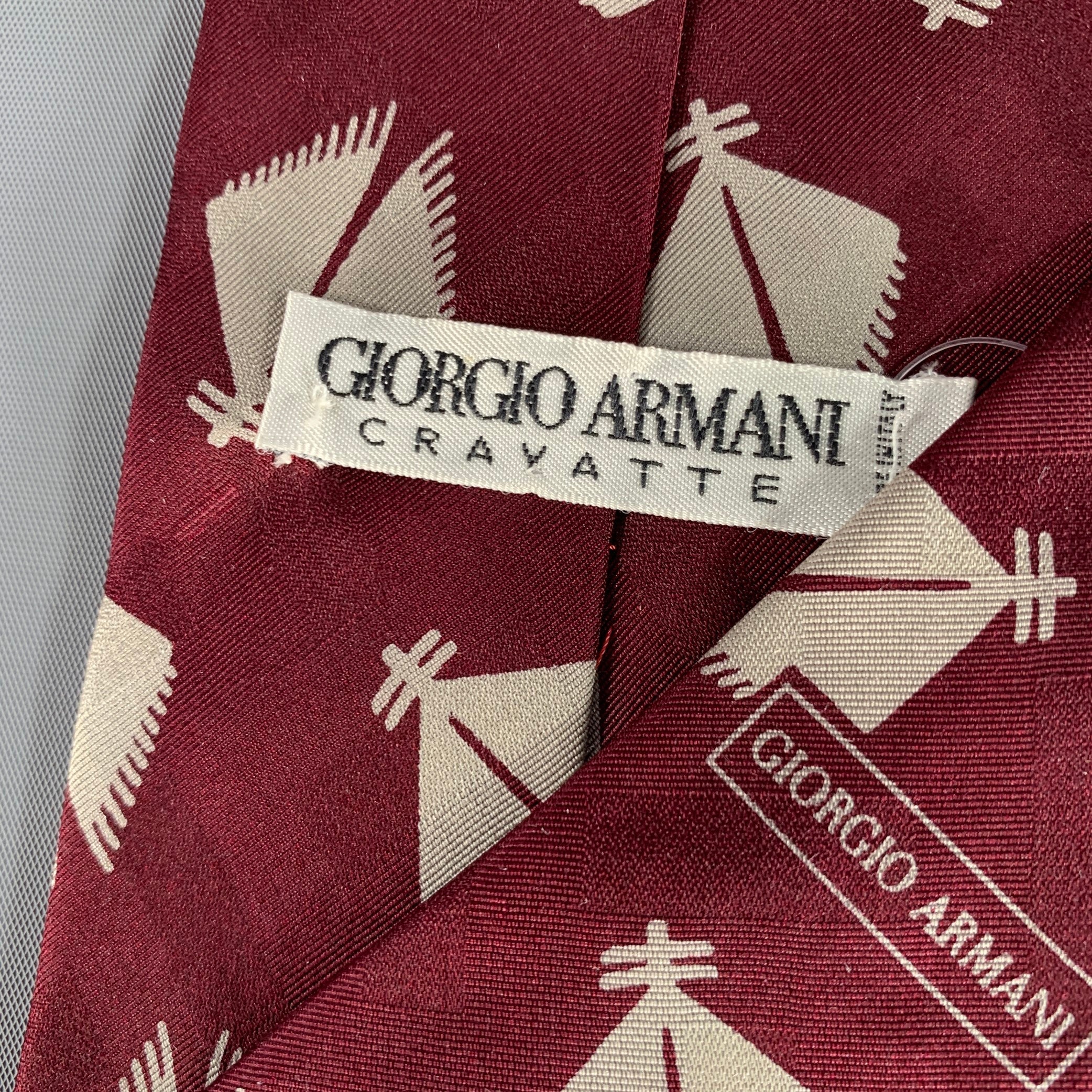 GIORGIO ARMANI Burgundy Grey Graphic Silk Tie - Image 3