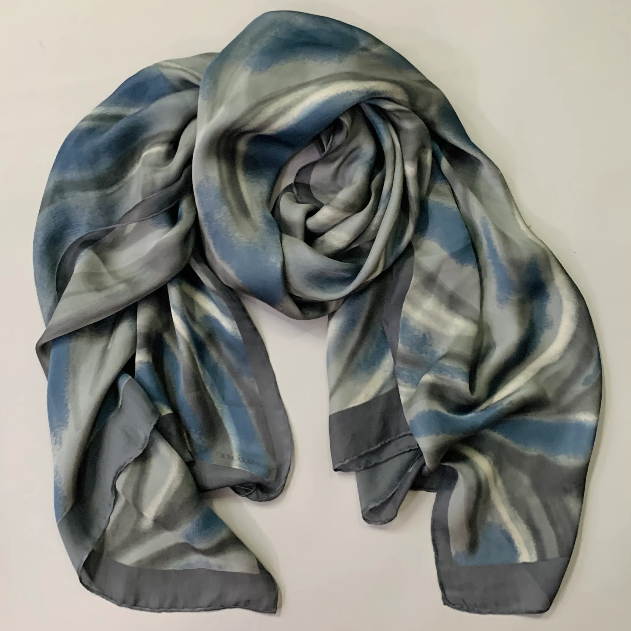 GIORGIO ARMANI Grey Navy Marbled Silk Scarf Shawl