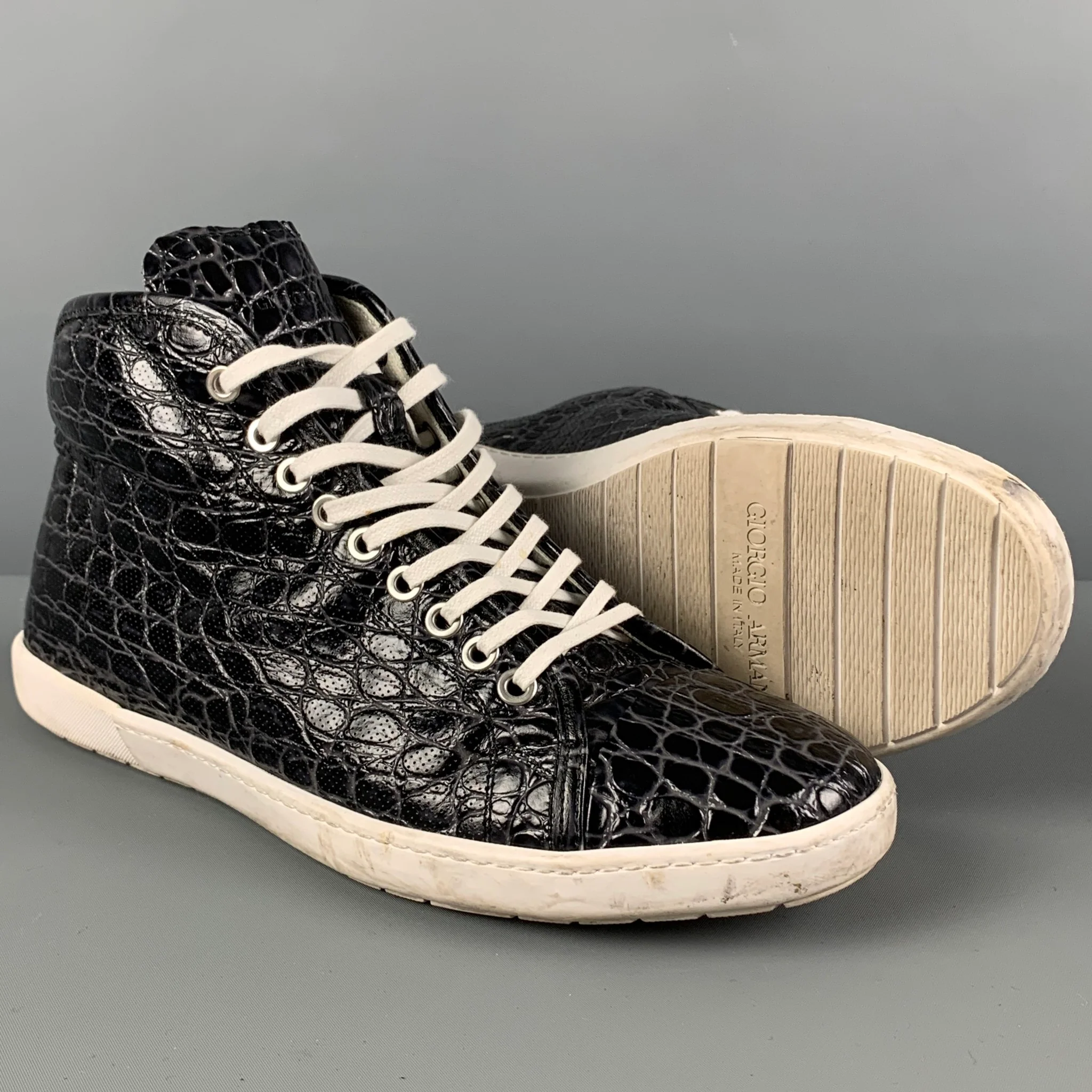 GIORGIO ARMANI Size 10 Black Alligator Embossed Leather High Top Sneakers - Image 3
