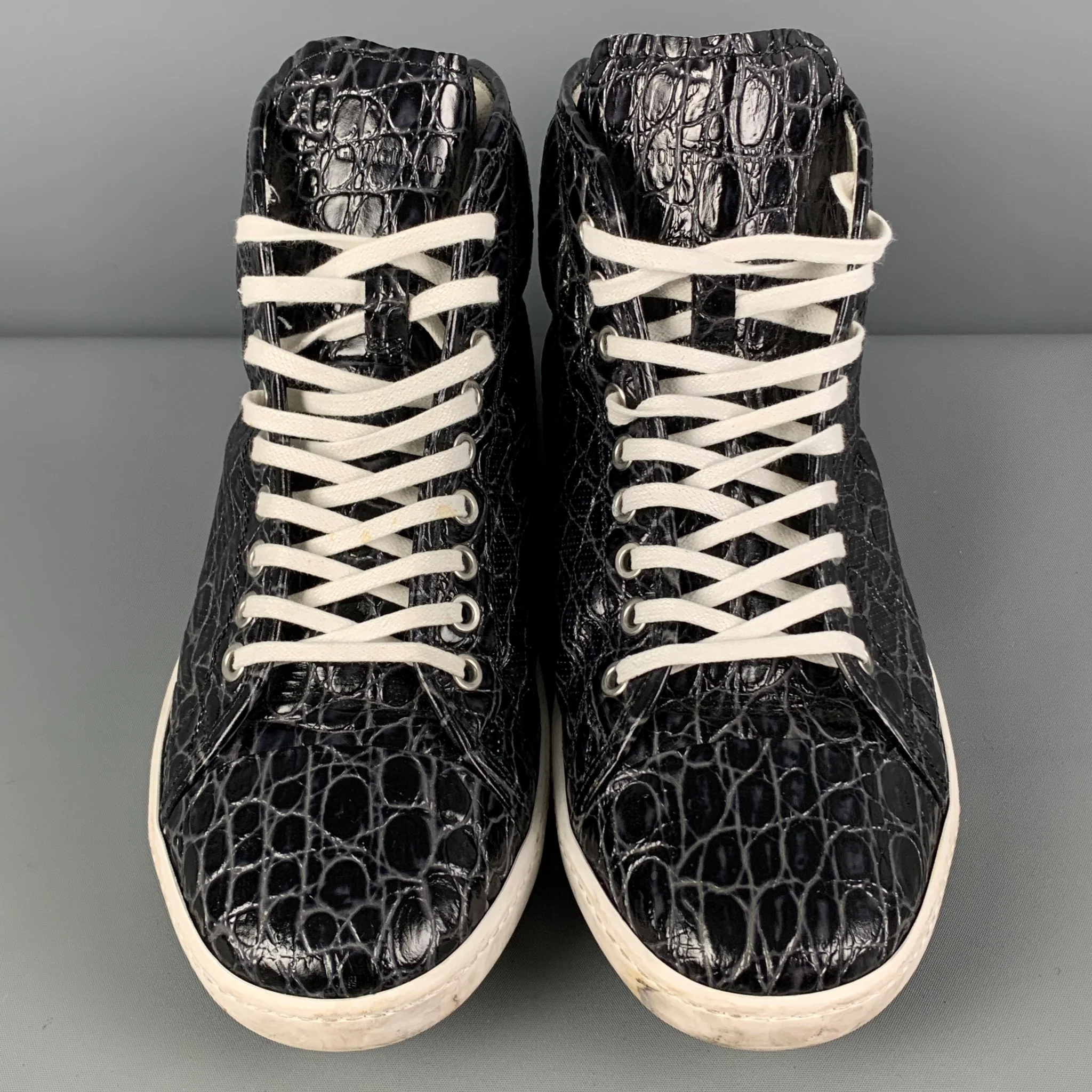GIORGIO ARMANI Size 10 Black Alligator Embossed Leather High Top Sneakers - Image 4