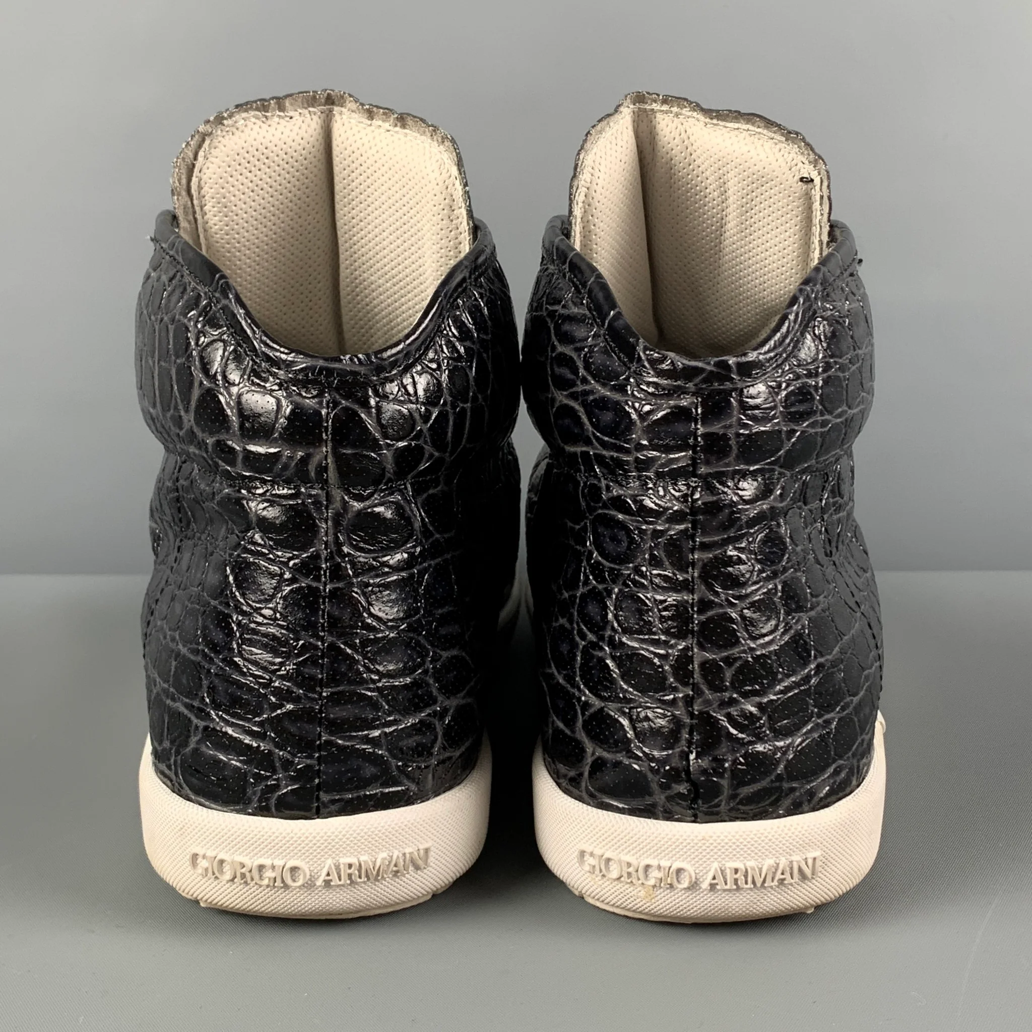 GIORGIO ARMANI Size 10 Black Alligator Embossed Leather High Top Sneakers - Image 5