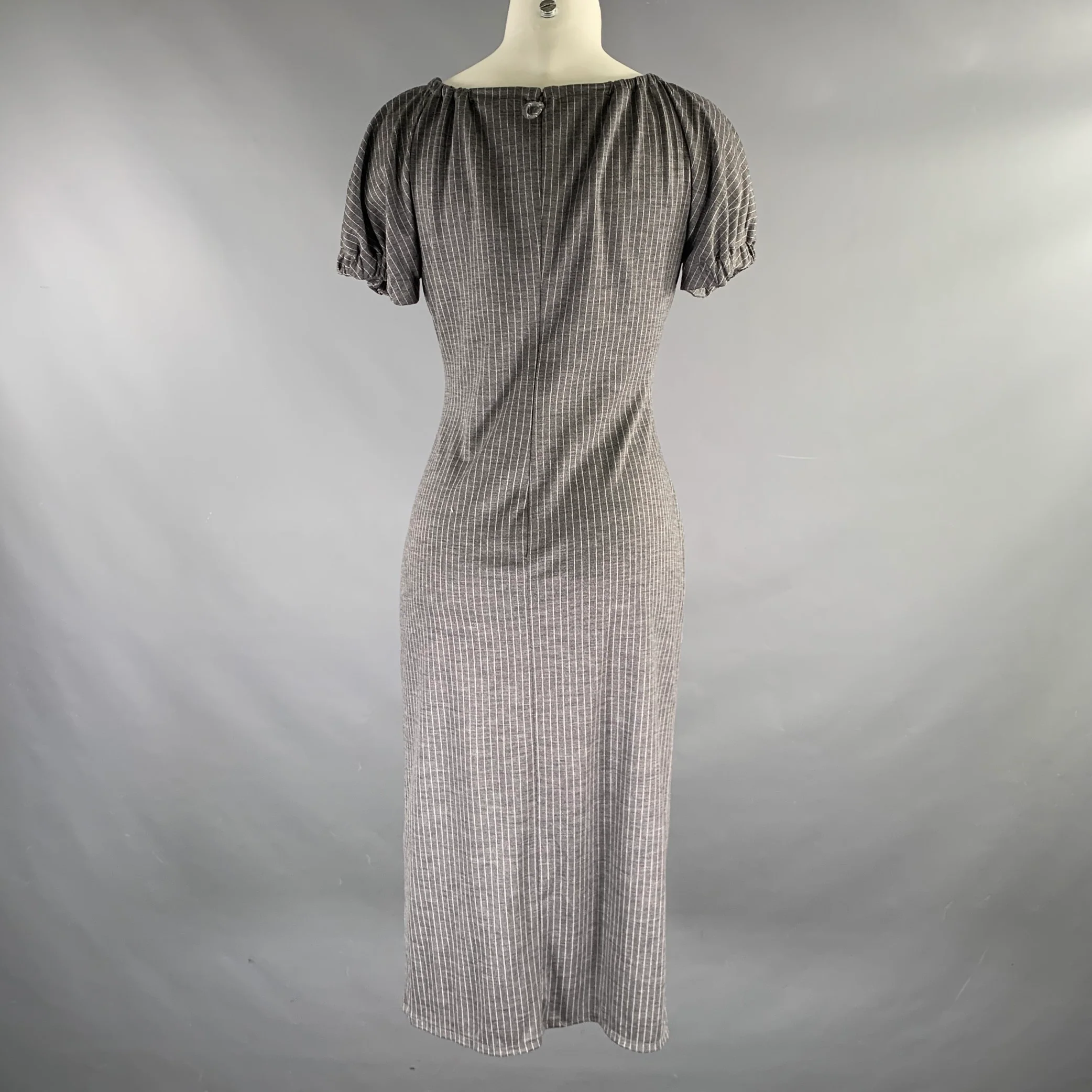 GIORGIO ARMANI Size 6 Grey White Wool Pinstripe Short Sleeve Mid-Calf Dress - Image 4