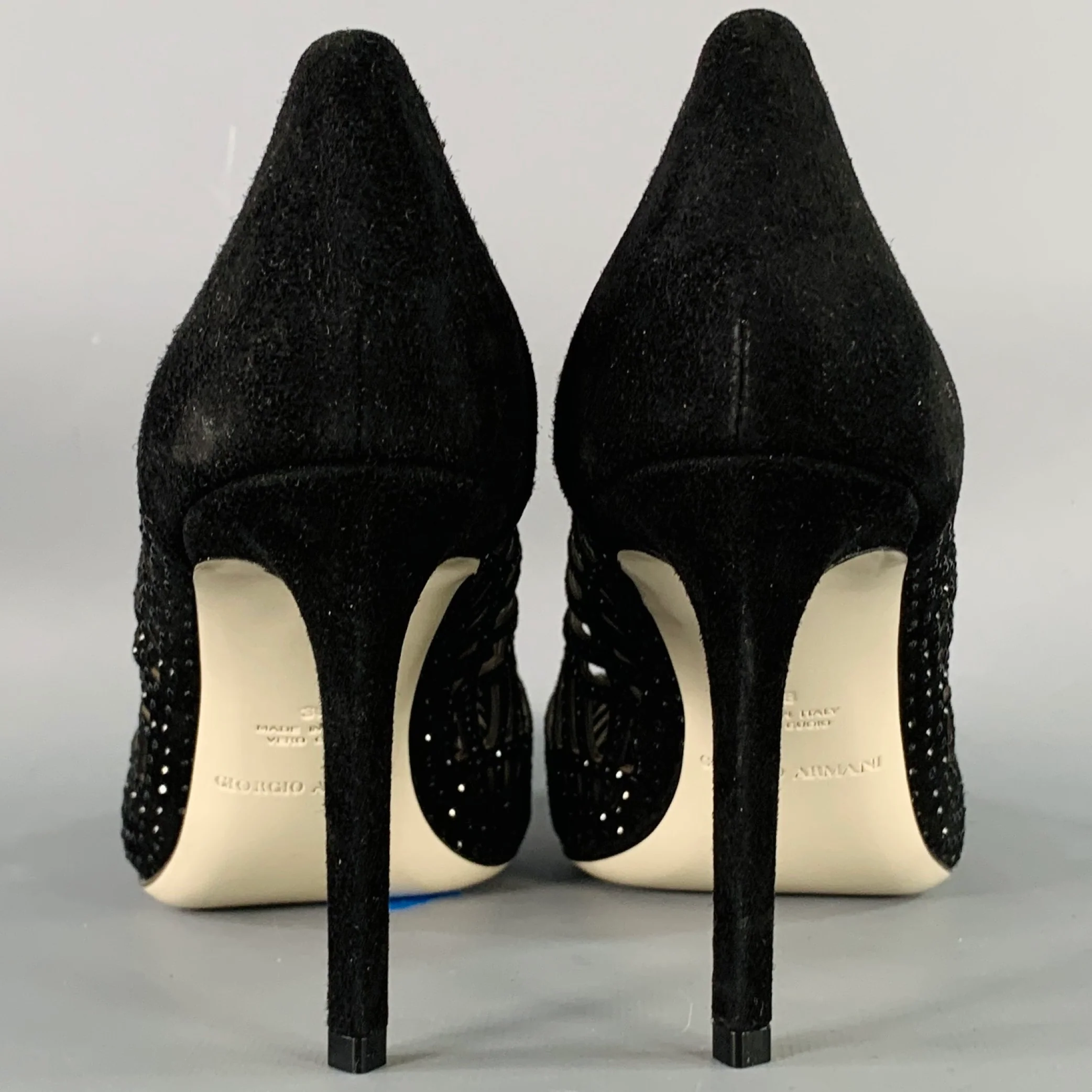 GIORGIO ARMANI Size 8 Black Suede Rhinestones Cutout Stiletto Pumps - Image 3