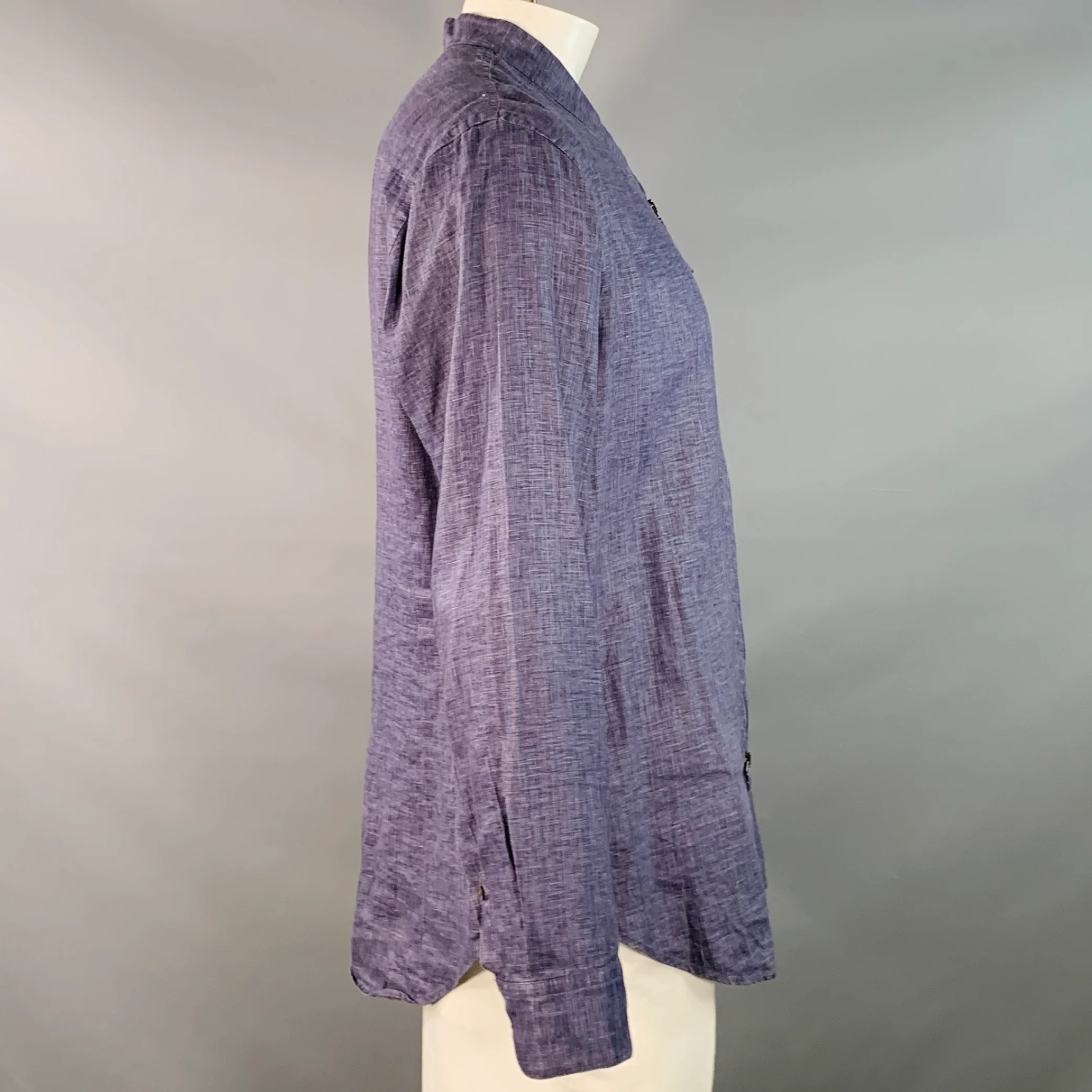 GIORGIO ARMANI Size L Blue Woven Linen Collarless Double Zipper Long Sleeve Shirt - Image 2