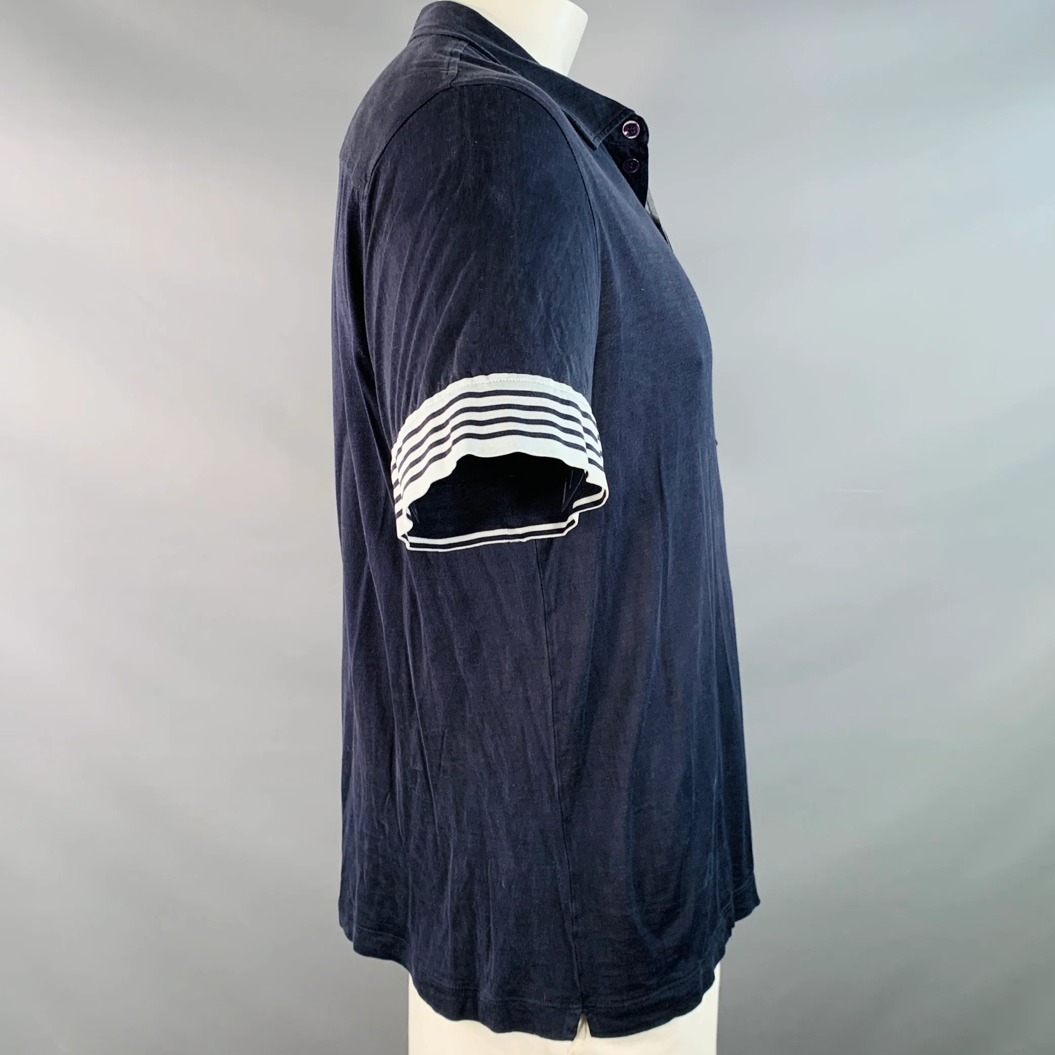 GIORGIO ARMANI Size L Navy Blue Contrast Trim Silk Blend Short Sleeve Polo - Image 2