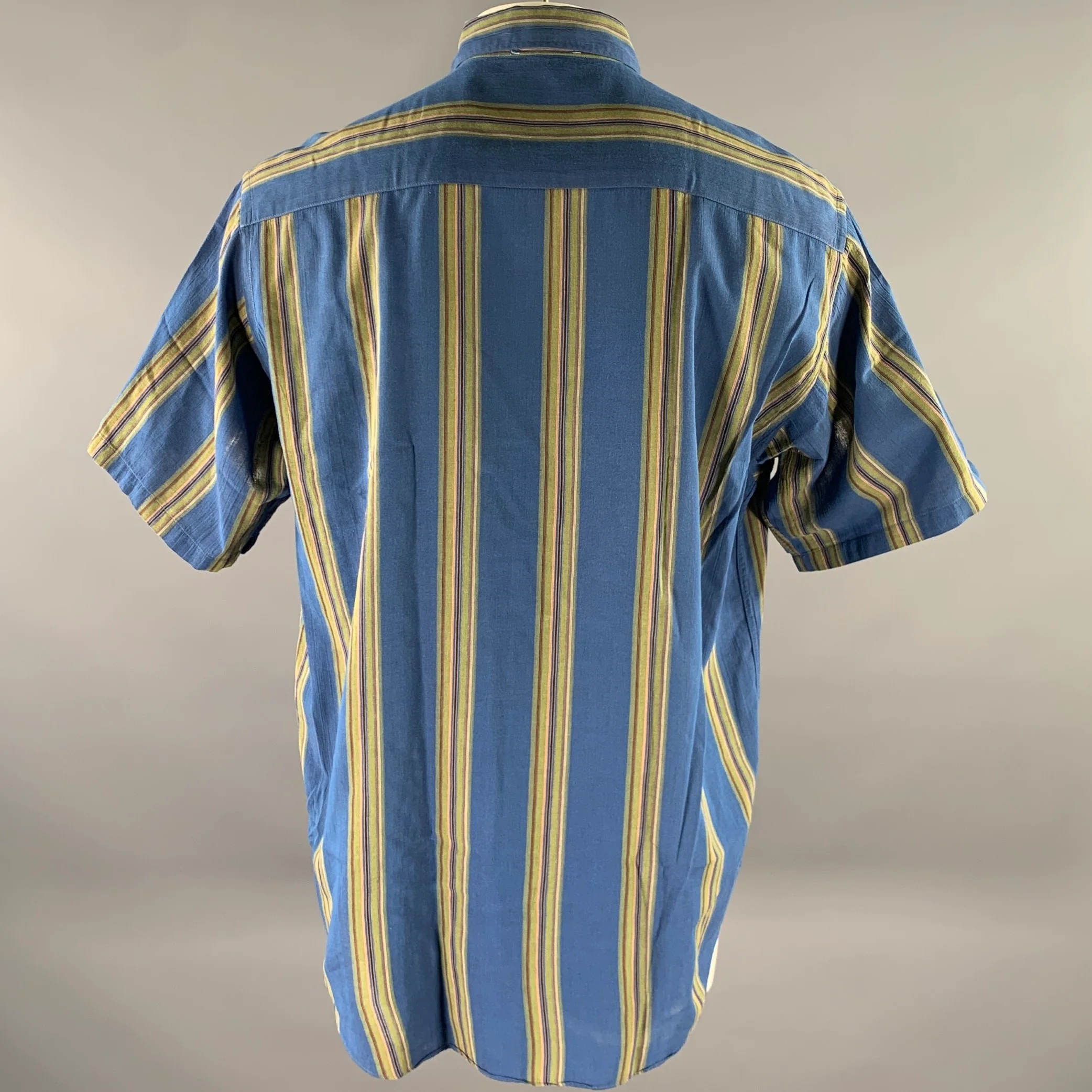 GIORGIO ARMANI Size M Blue Olive Stripe Cotton Short Sleeve Shirt - Image 4