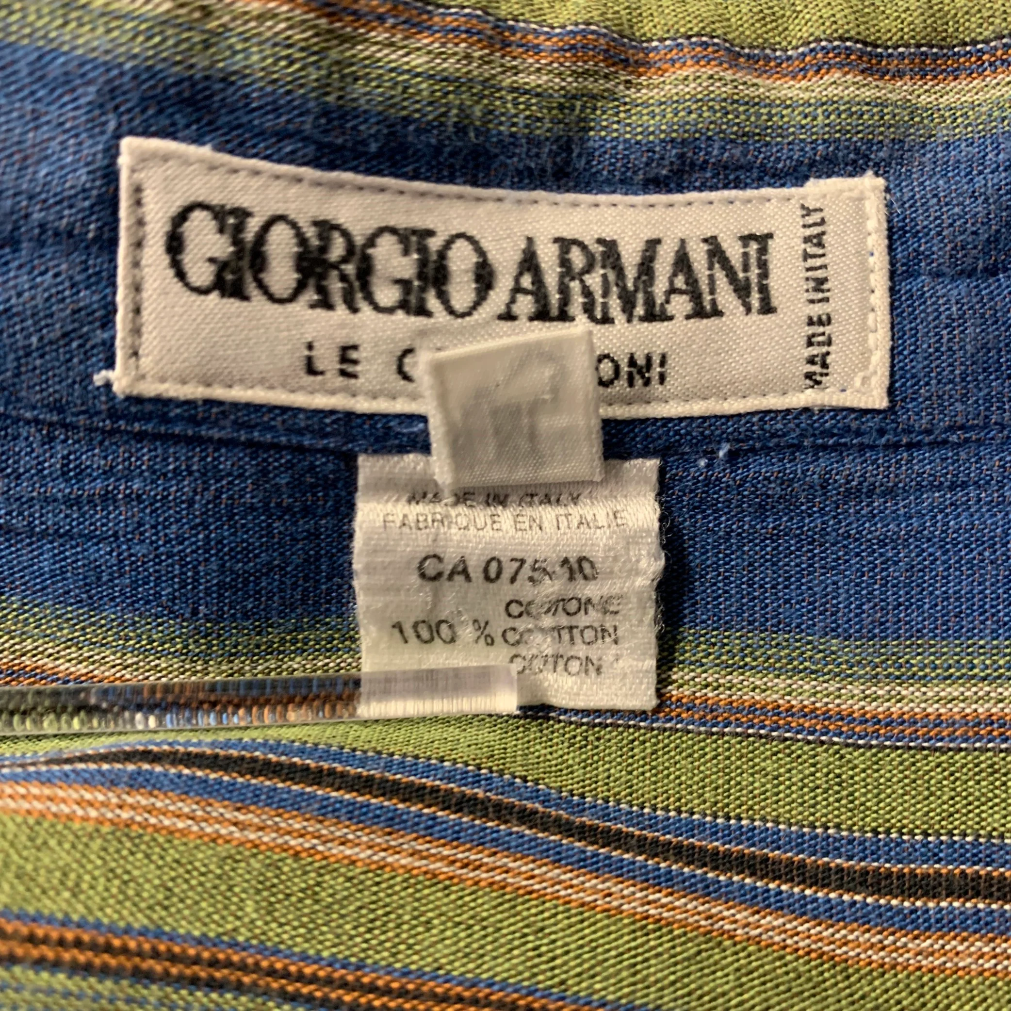 GIORGIO ARMANI Size M Blue Olive Stripe Cotton Short Sleeve Shirt - Image 6