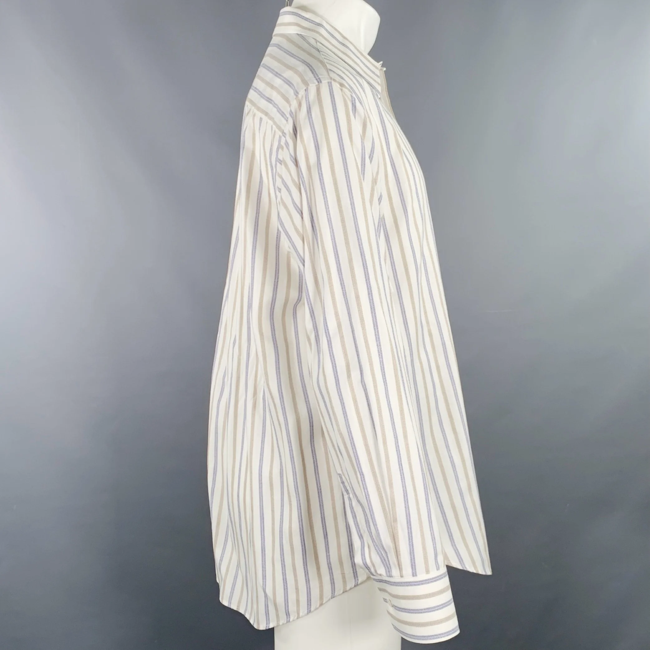 GIORGIO ARMANI Size M Off White Blue Tan Stripe One Pocket Long Sleeve Shirt - Image 3