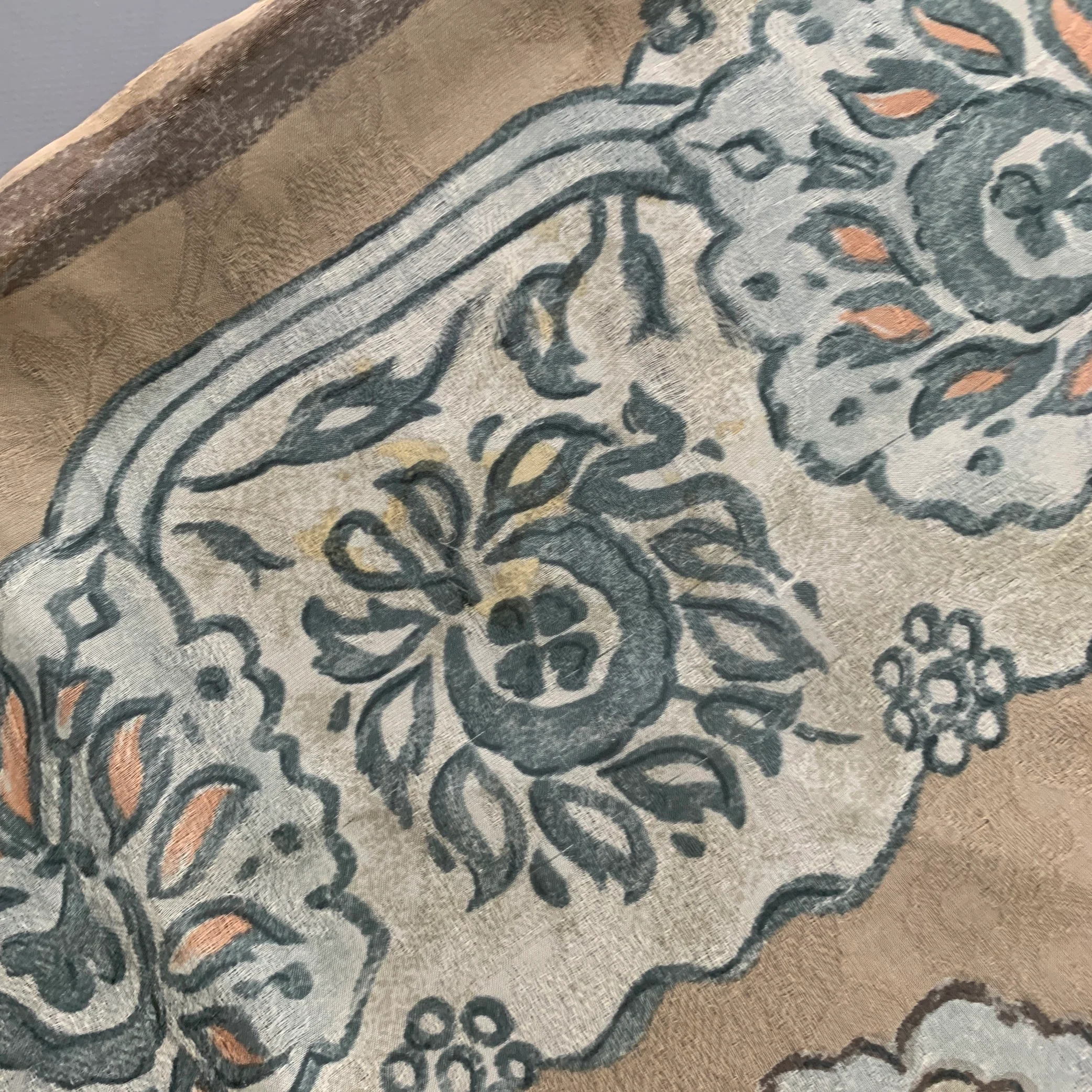 GIORGIO ARMANI Tan Blue Floral Silk Scarf Shawl - Image 4
