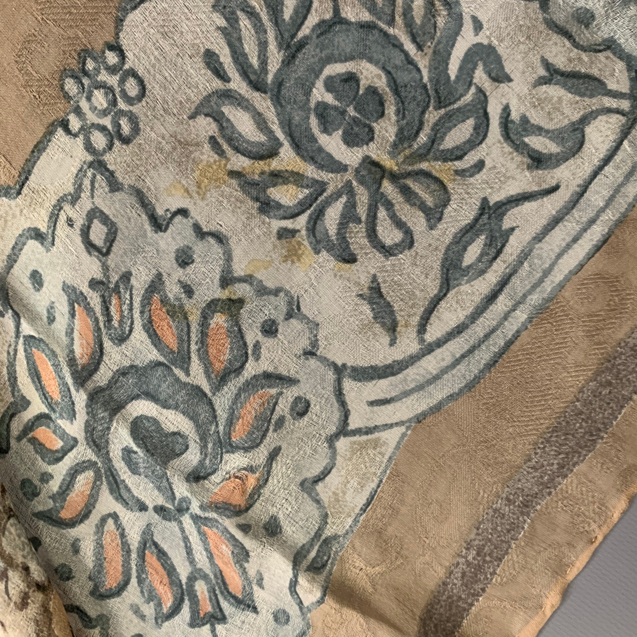 GIORGIO ARMANI Tan Blue Floral Silk Scarf Shawl - Image 5