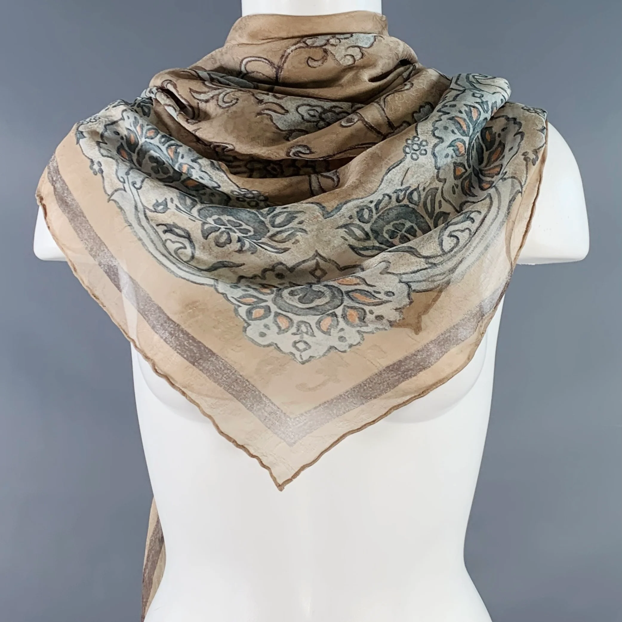 GIORGIO ARMANI Tan Blue Floral Silk Scarf Shawl - Image 7