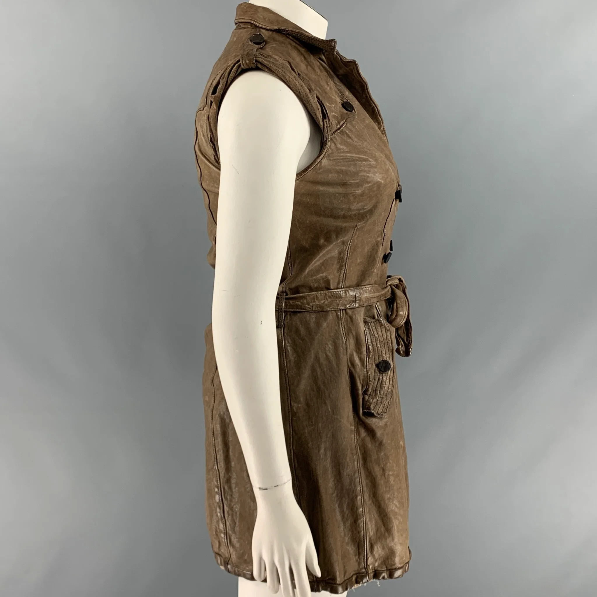 GIORGIO BRATO Size 10 Brown Taupe Leather Distressed Belted Vest - Image 3