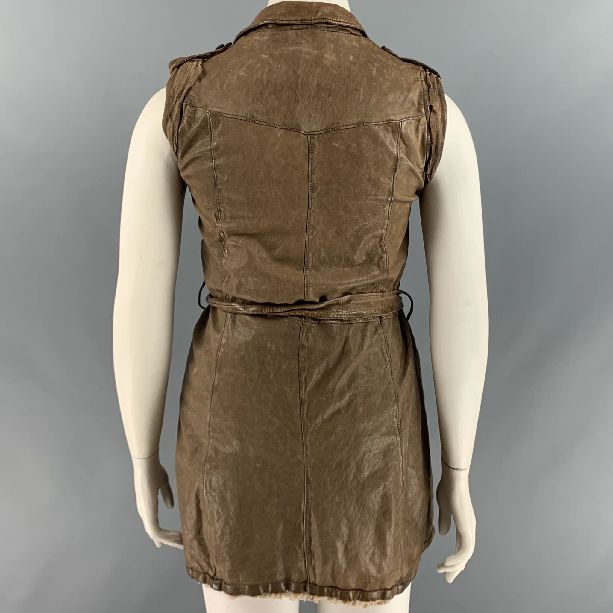 GIORGIO BRATO Size 10 Brown Taupe Leather Distressed Belted Vest - Image 4
