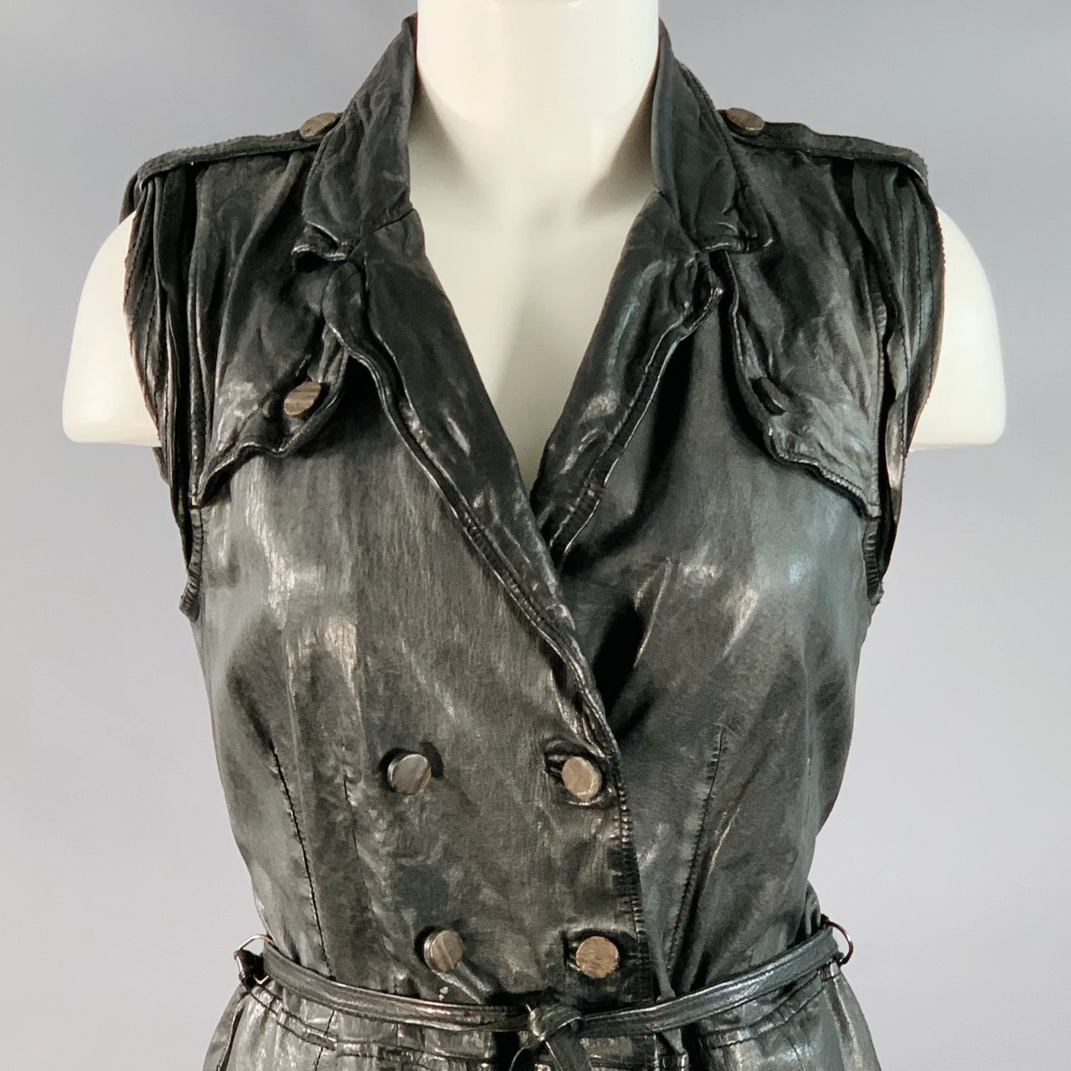 GIORGIO BRATO Size 6 Black Leather Double Breasted Belted Longline Vest - Image 2