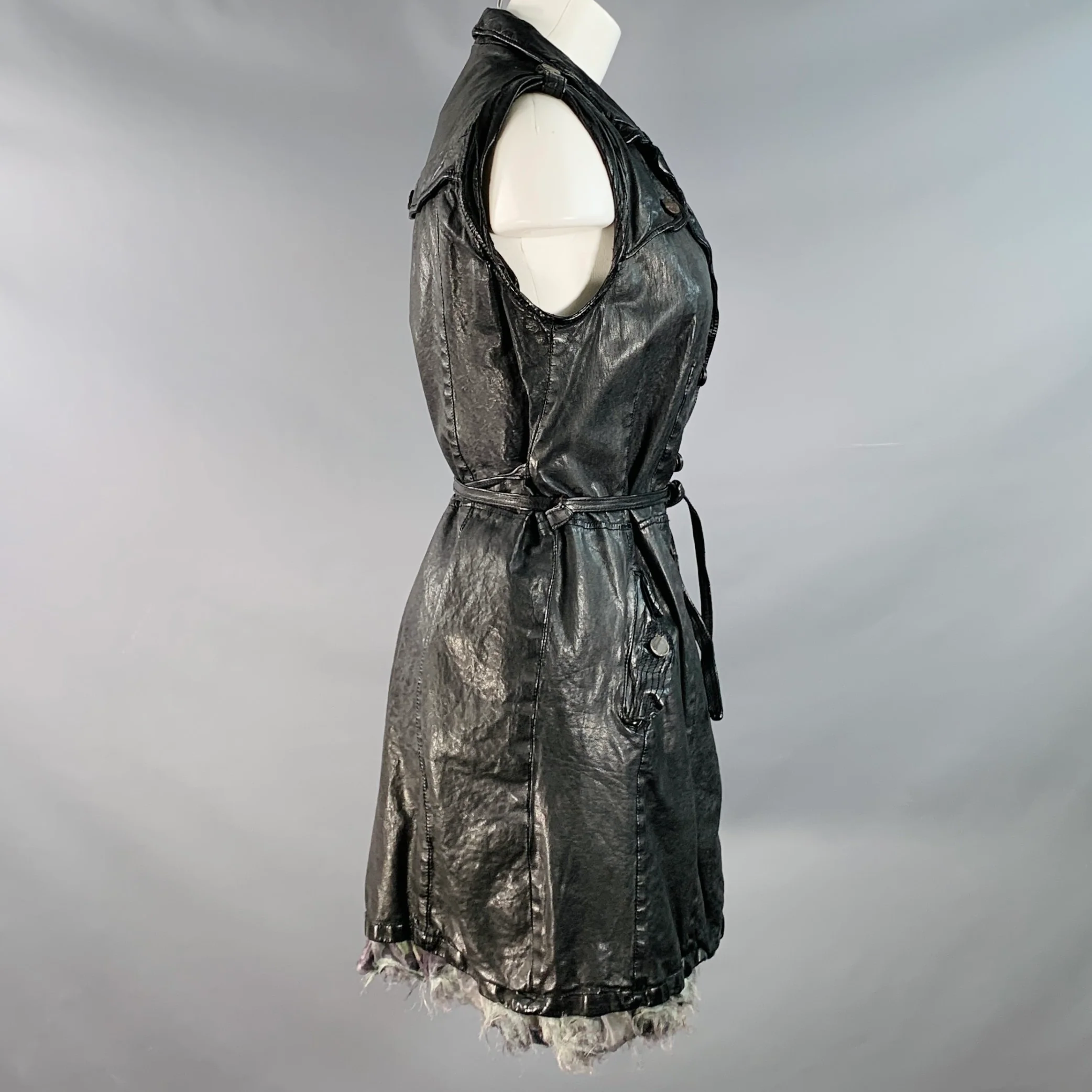 GIORGIO BRATO Size 6 Black Leather Double Breasted Belted Longline Vest - Image 3